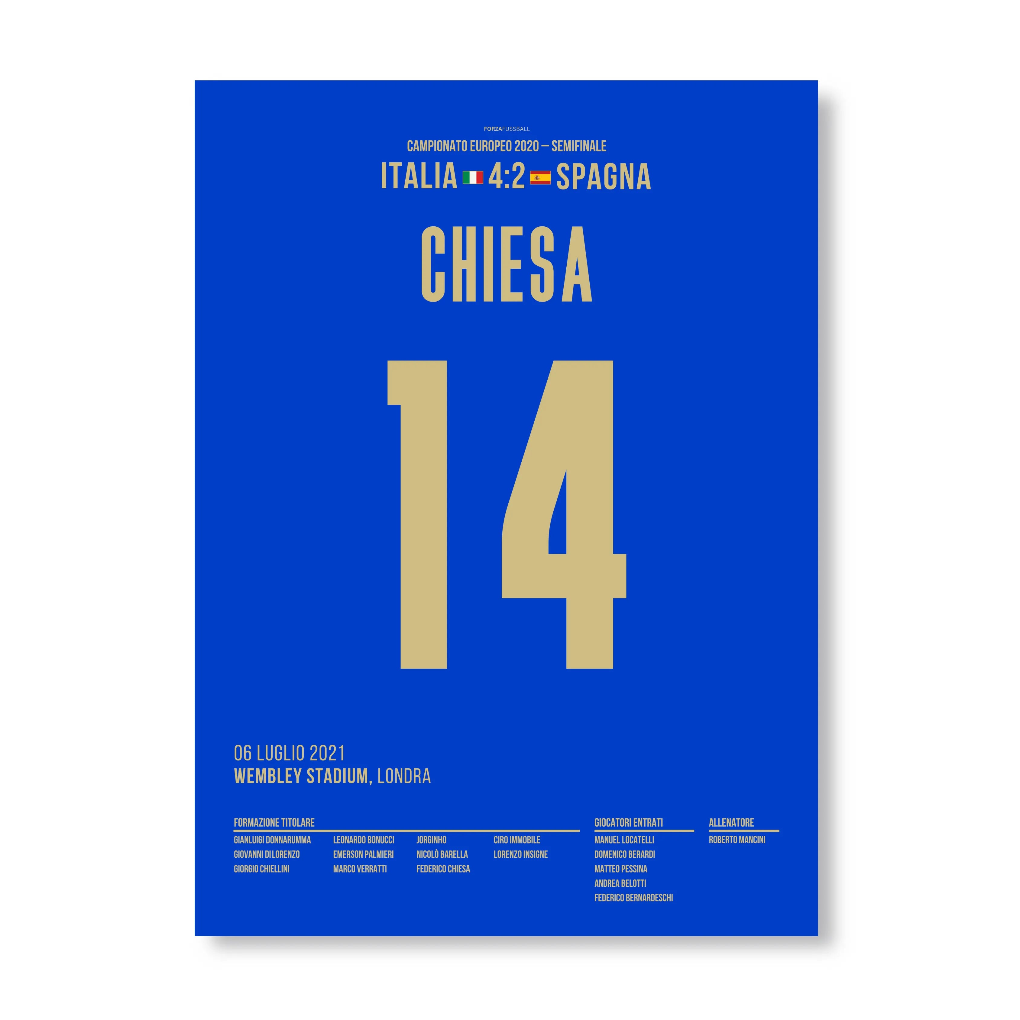 Federico Chiesa mit dem Schlenzer gegen Spanien Fußball Poster mit Rahmen