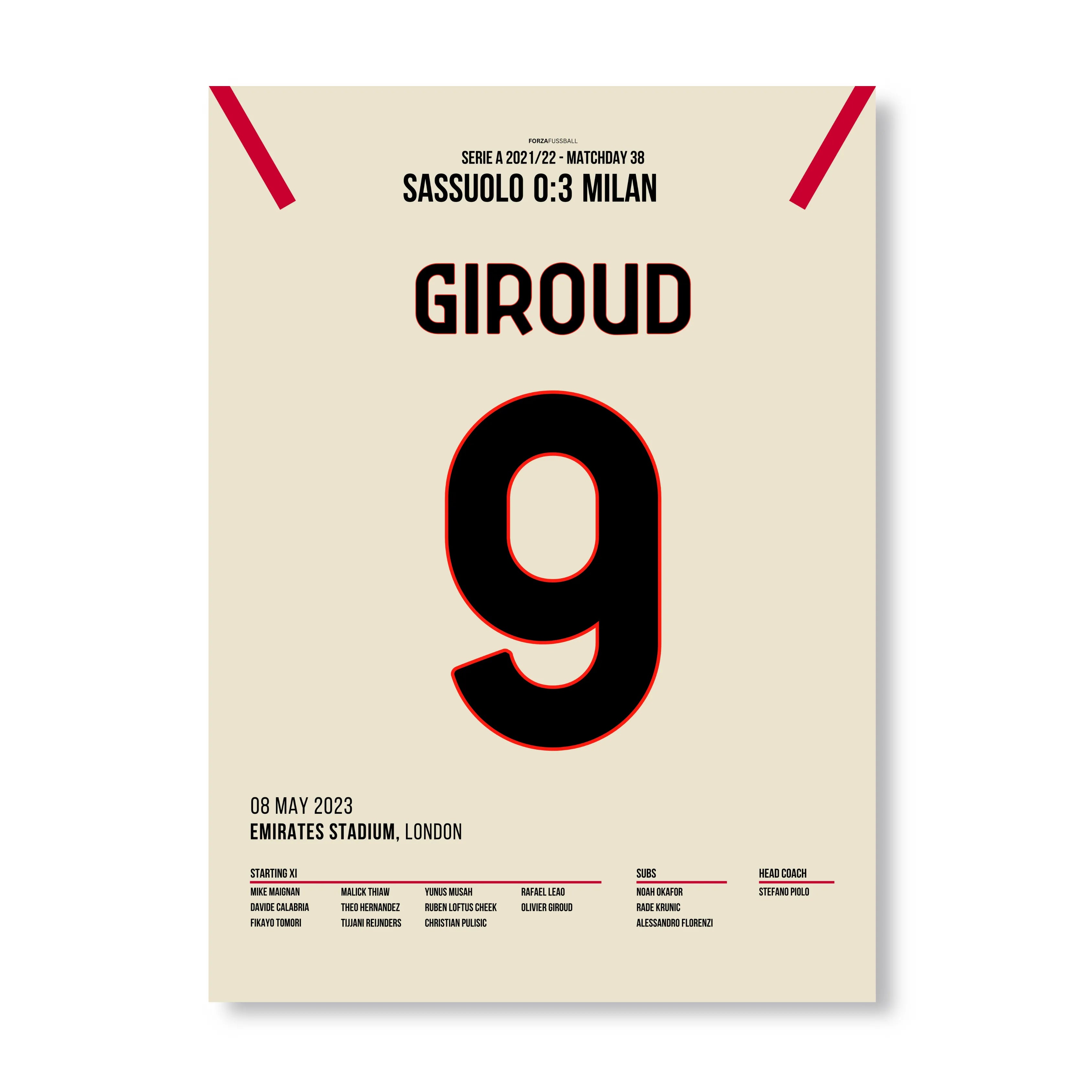 Giroud's Doppelpack vs Sassuolo führt Milan zum Titel Fußball Poster mit Rahmen