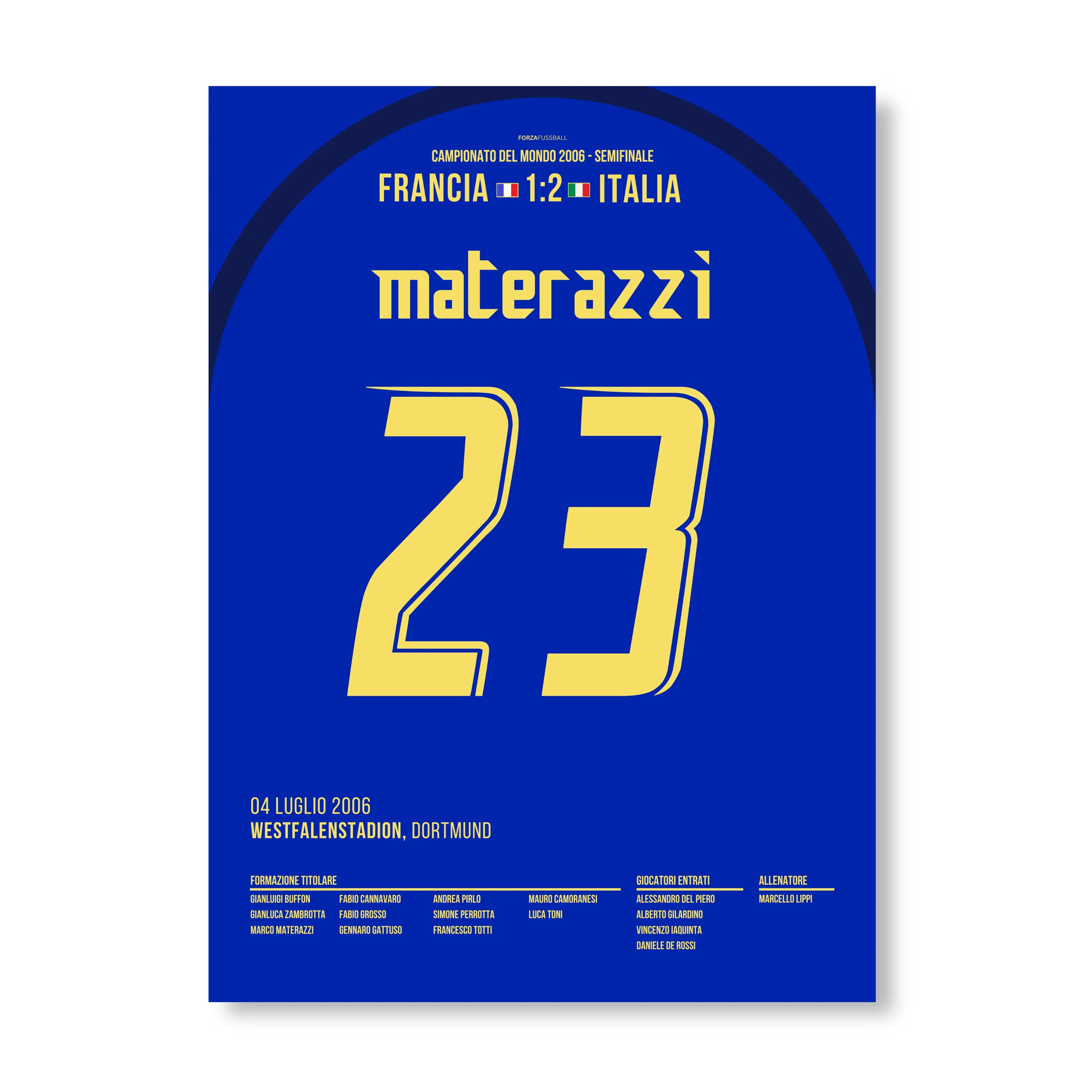 Materazzi köpft Italien Richtung WM Titel 2006 Fußball Poster mit Rahmen