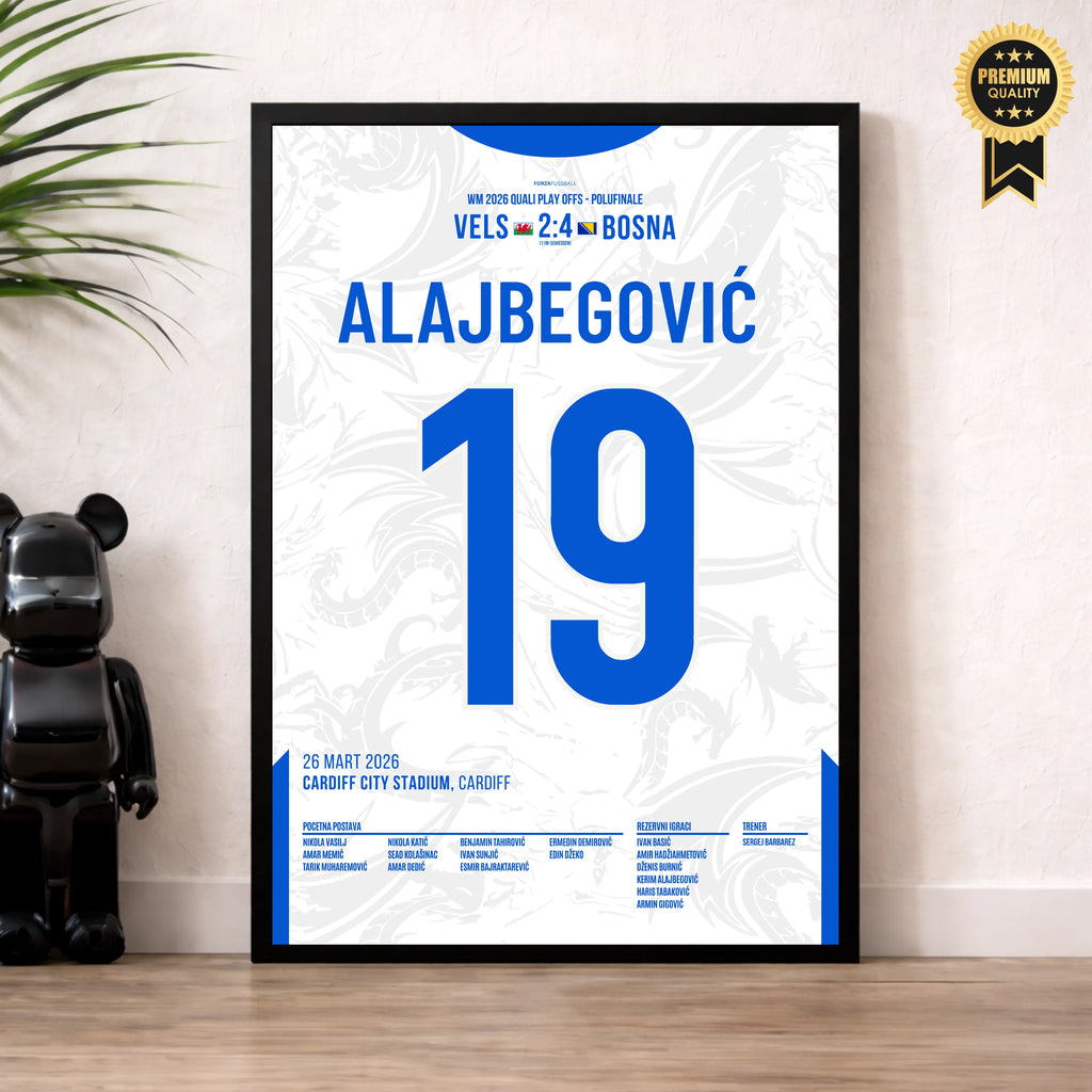 Alajbegovic verwandelt den entscheidenden 11m vs Wales Fußball Poster mit Rahmen