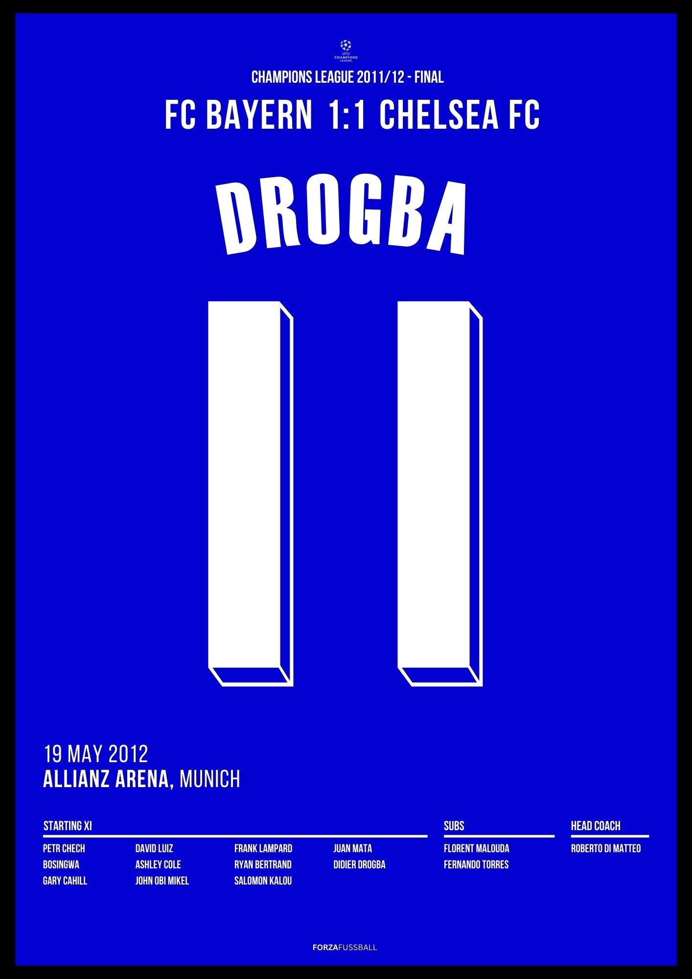 Drogba führt Chelsea zum Champions League Sieg Fußball Poster mit Rahmen