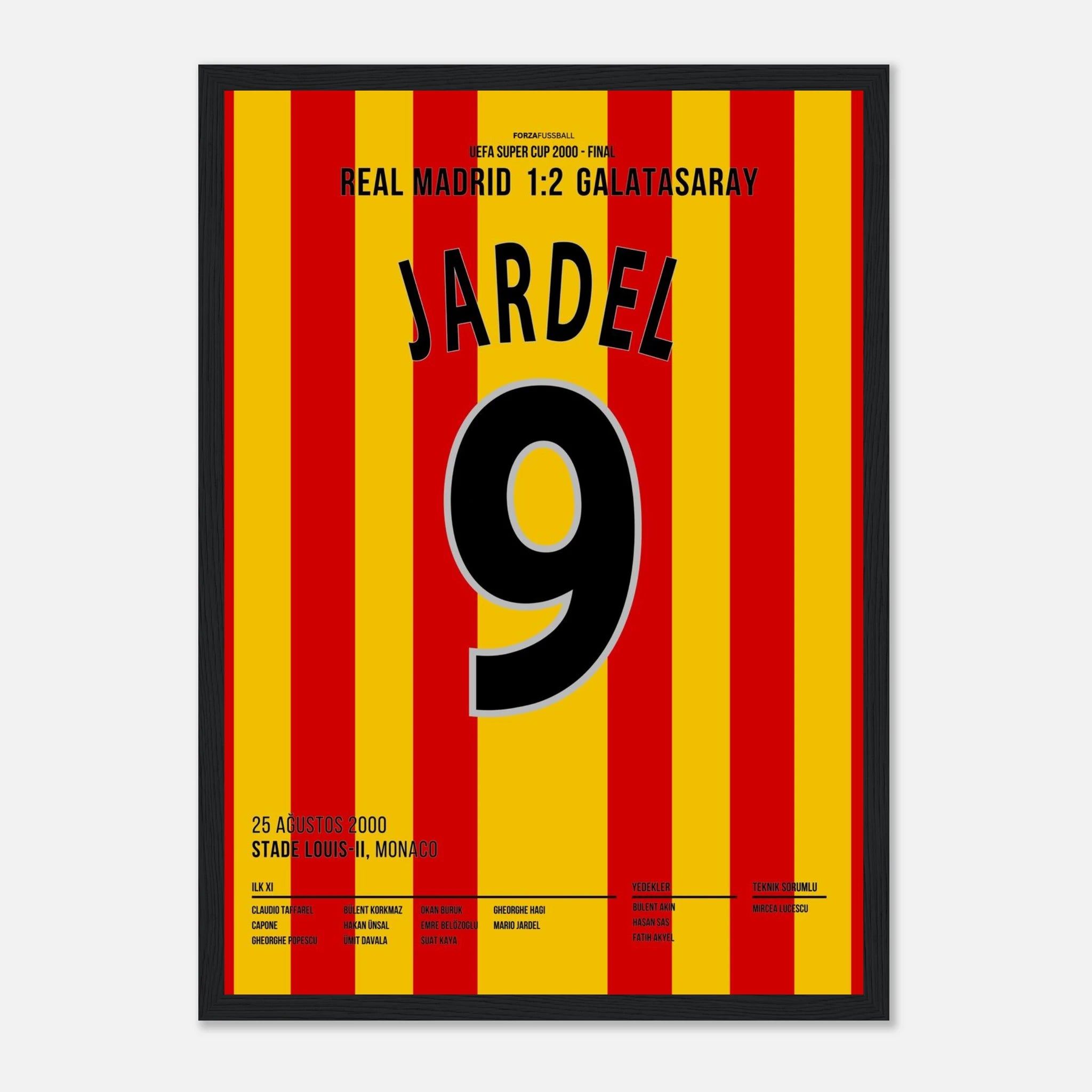 Mario Jardel köpft Gala zum UEFA Super Cup Sieg im Finale gegen Real Madrid Fußball Poster mit Rahmen