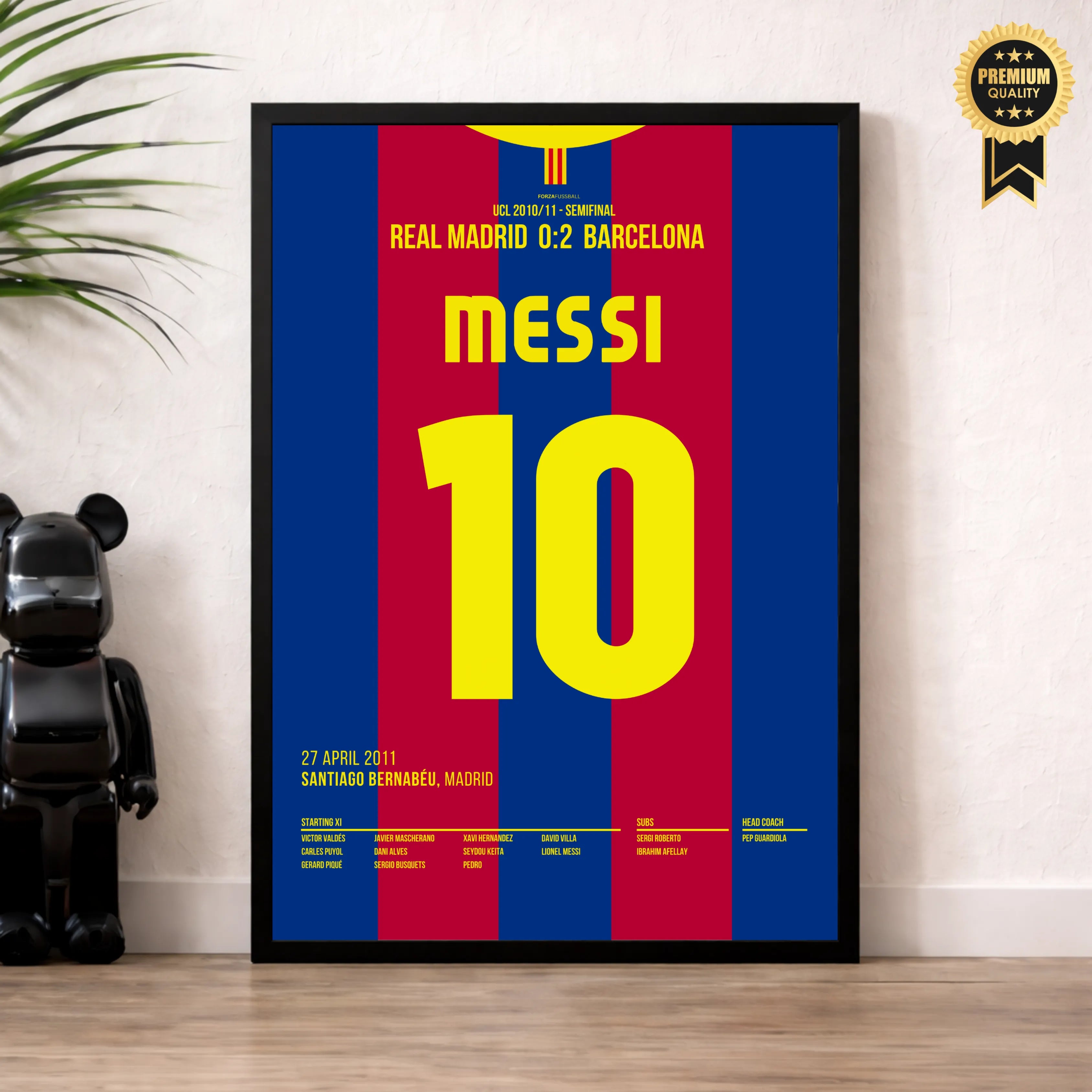Messi's Solo Tor nach Vorlage von Busquets im UCL Clasico Fußball Poster mit Rahmen