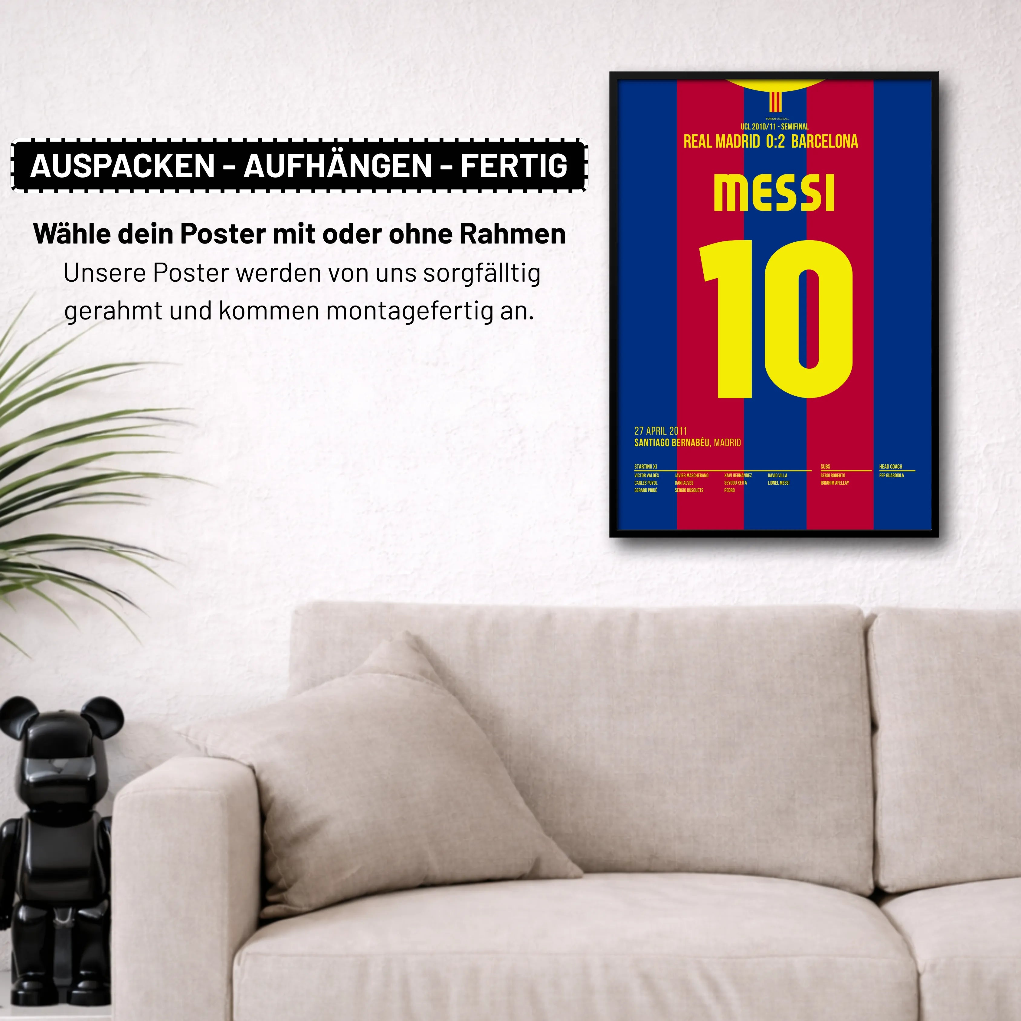 Messi's Solo Tor nach Vorlage von Busquets im UCL Clasico Fußball Poster mit Rahmen