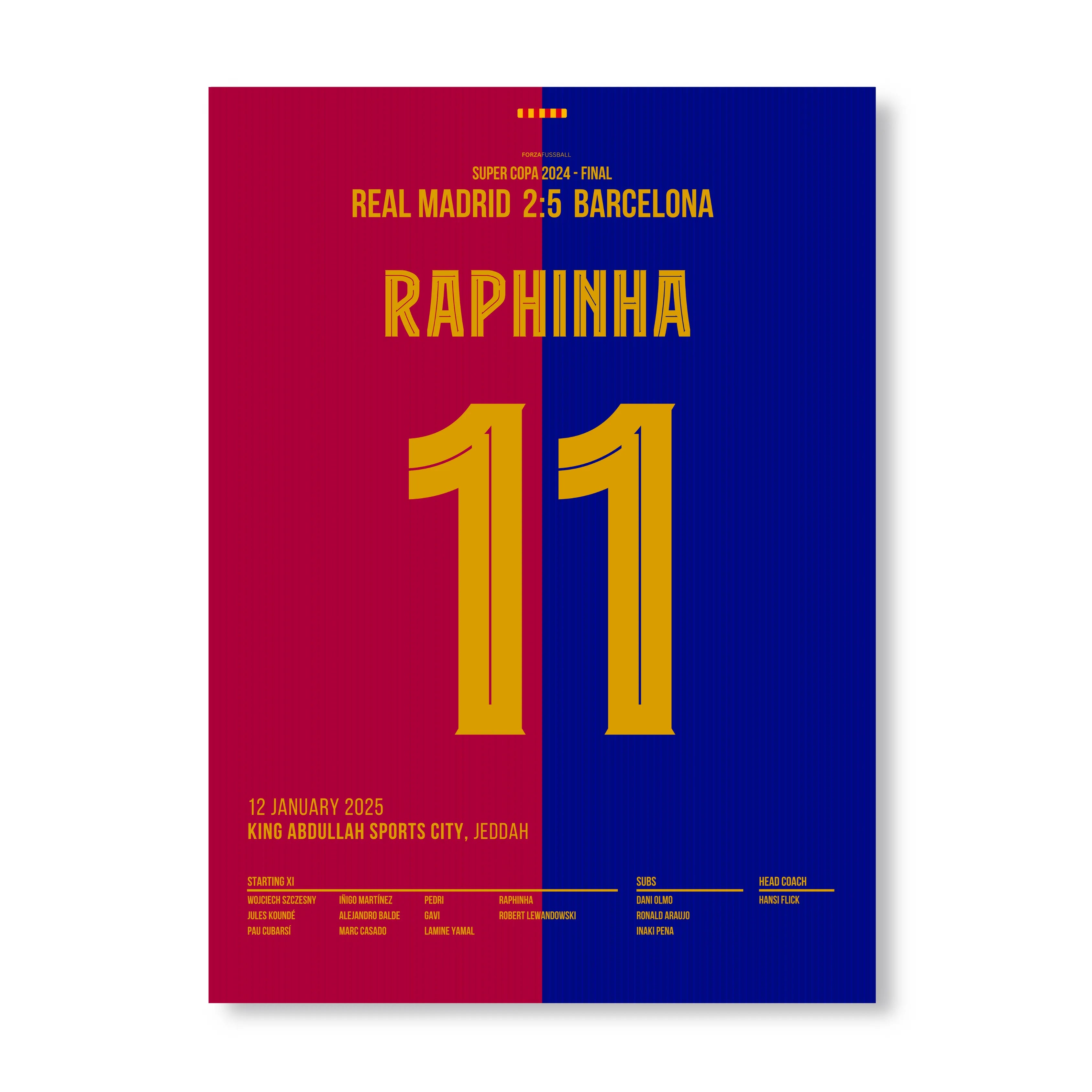 Raphinia führt Barca zum 5:2 Super Copa Sieg im Clasico Fußball Poster mit Rahmen
