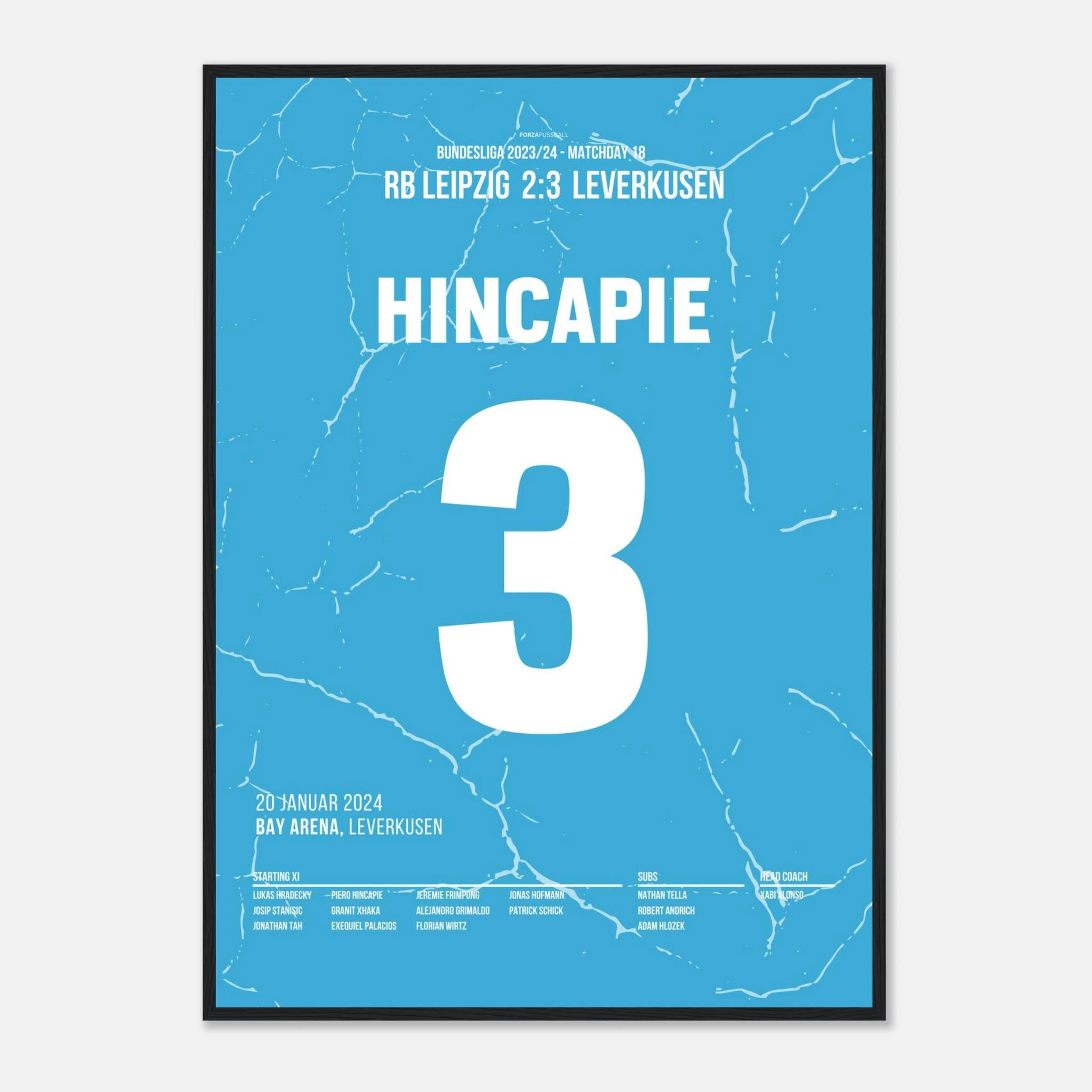 Hincapié mit dem Last Minute Siegtreffer gegen Leipzig Fußball Poster mit Rahmen