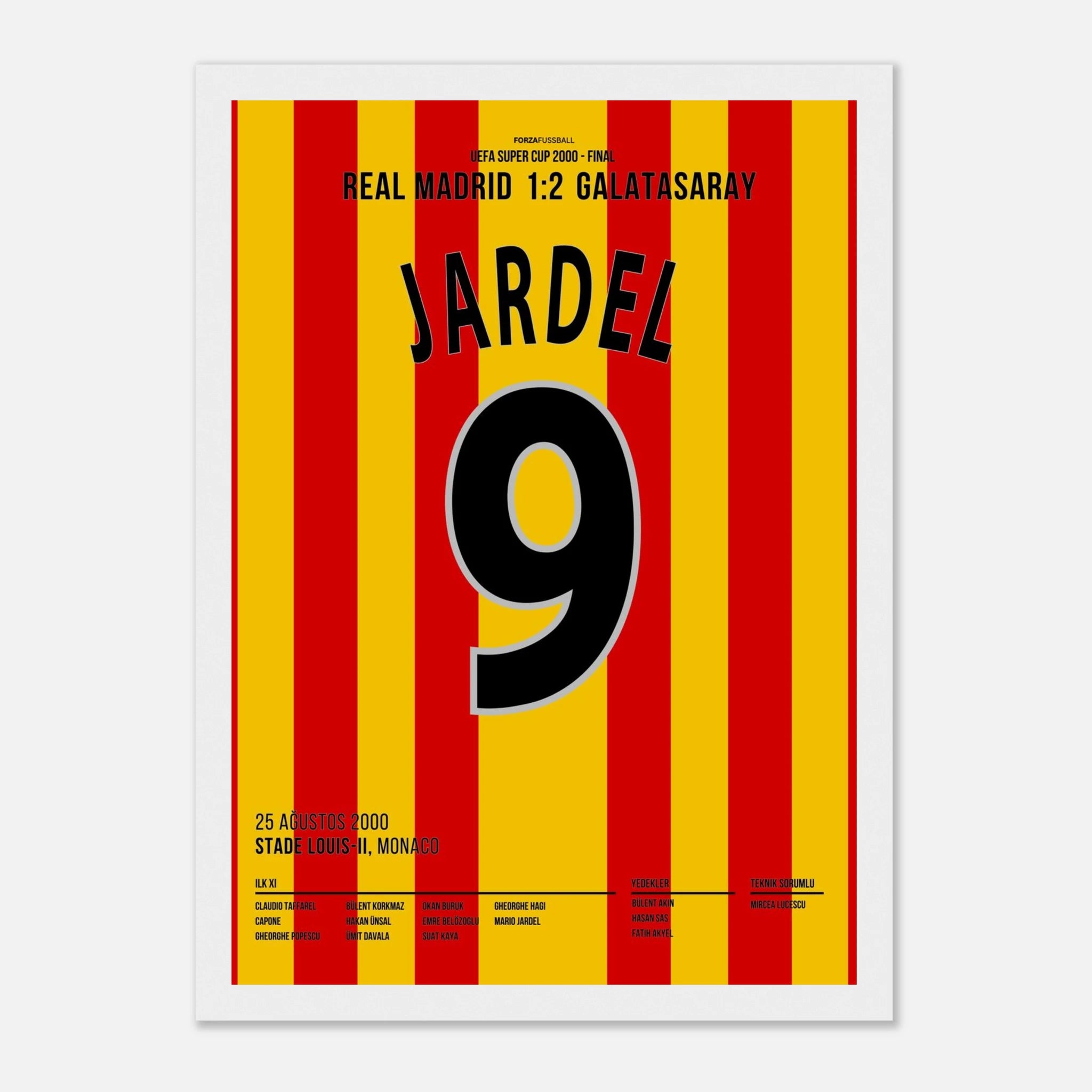 Mario Jardel köpft Gala zum UEFA Super Cup Sieg im Finale gegen Real Madrid Fußball Poster mit Rahmen