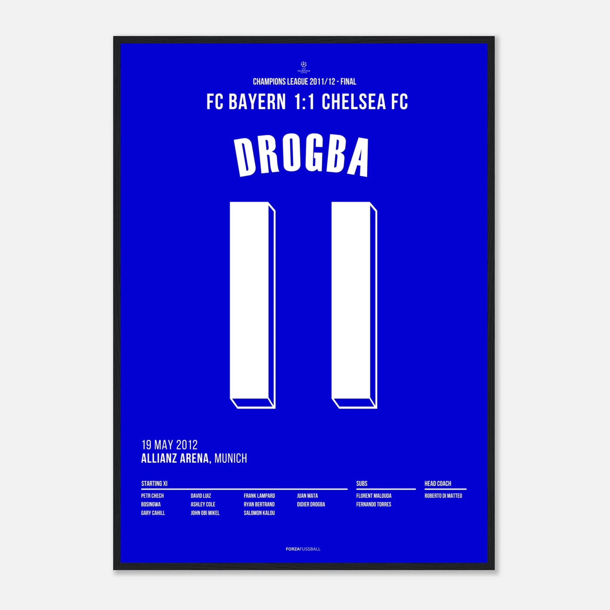 Drogba führt Chelsea zum Champions League Sieg Fußball Poster mit Rahmen