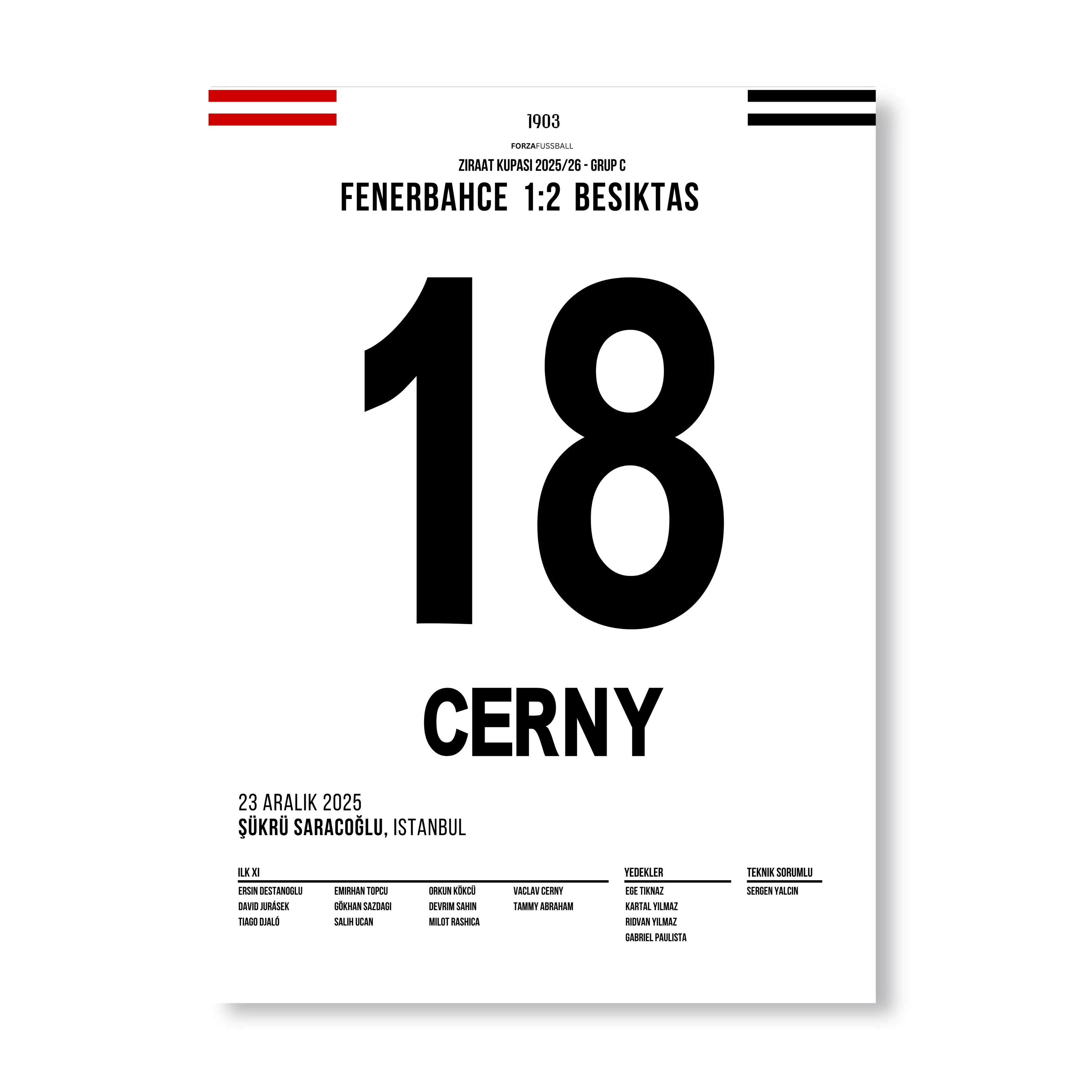 Cerny schießt Besiktas zum Sieg in Kadiköy Fußball Poster mit Rahmen