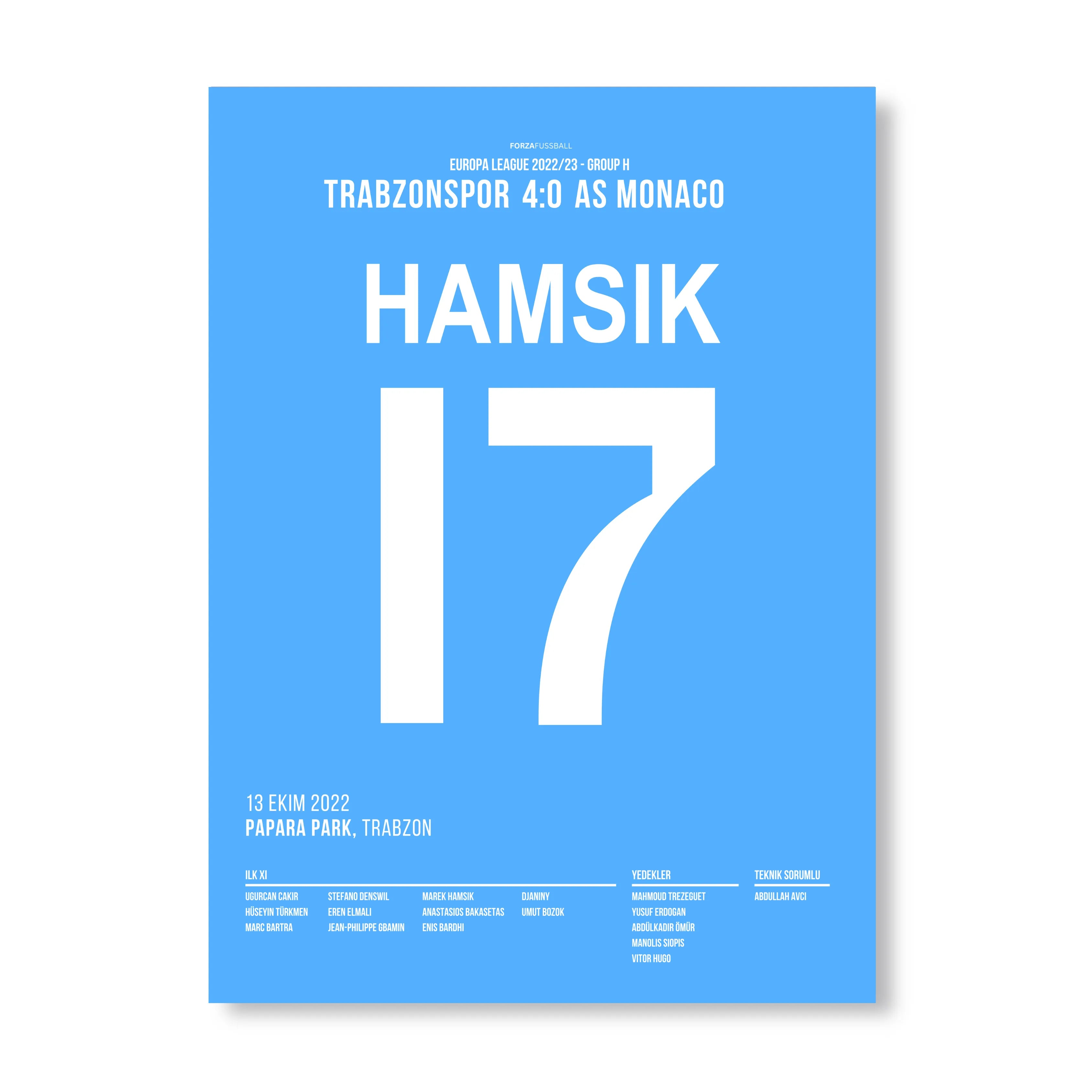Marek Hamsik und Trabzonspor klatschen Monaco mit 4:0 Fußball Poster mit Rahmen