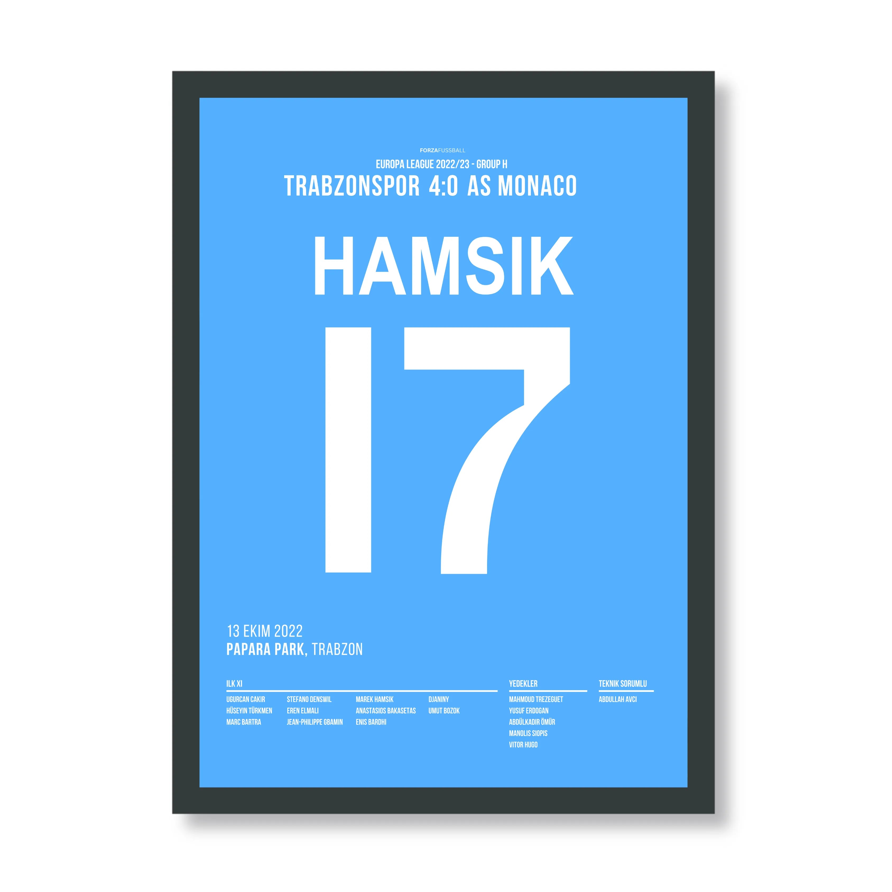 Marek Hamsik und Trabzonspor klatschen Monaco mit 4:0 Fußball Poster mit Rahmen