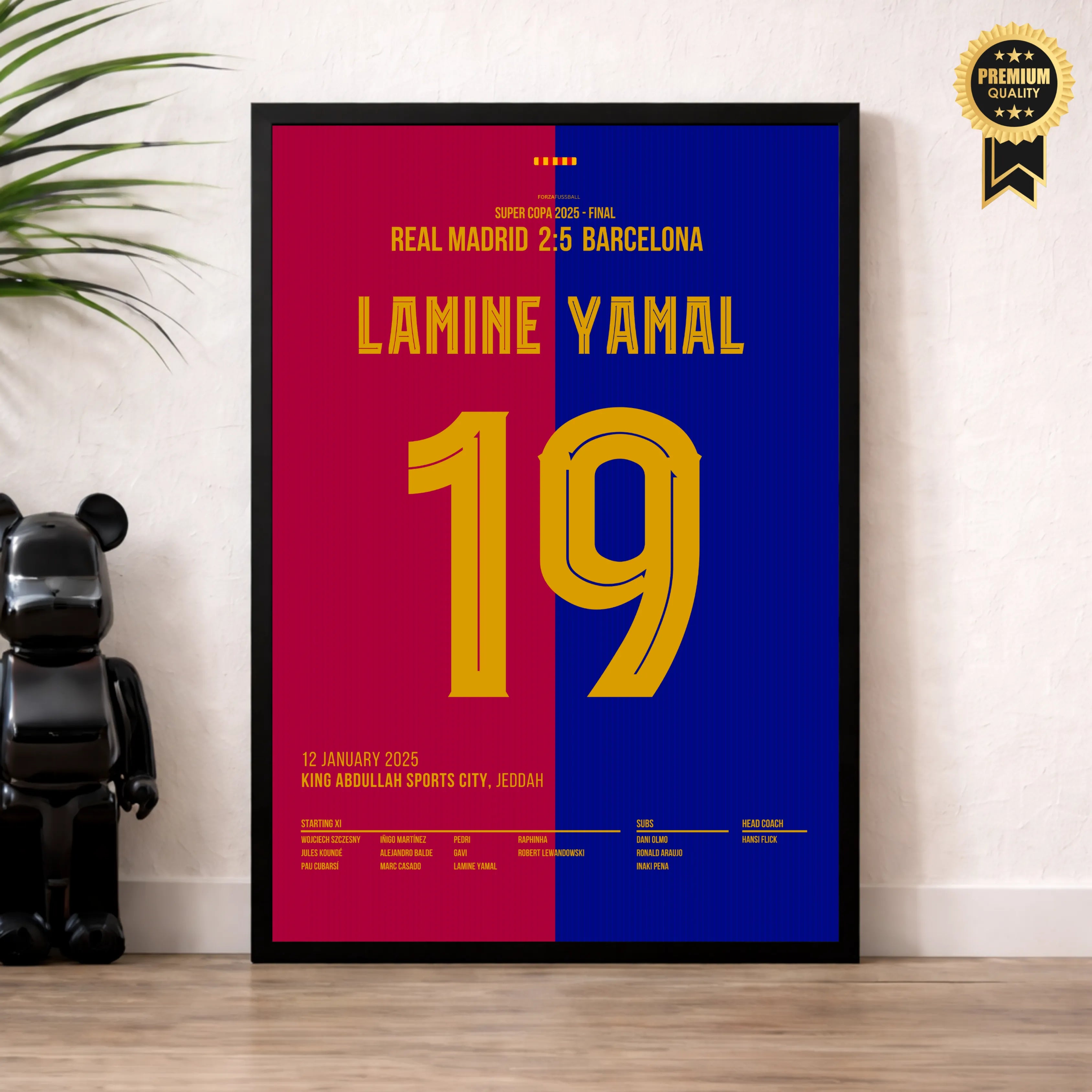 Lamine Yamal mit Solo-Tor im Super Copa Clasico Fußball Poster mit Rahmen