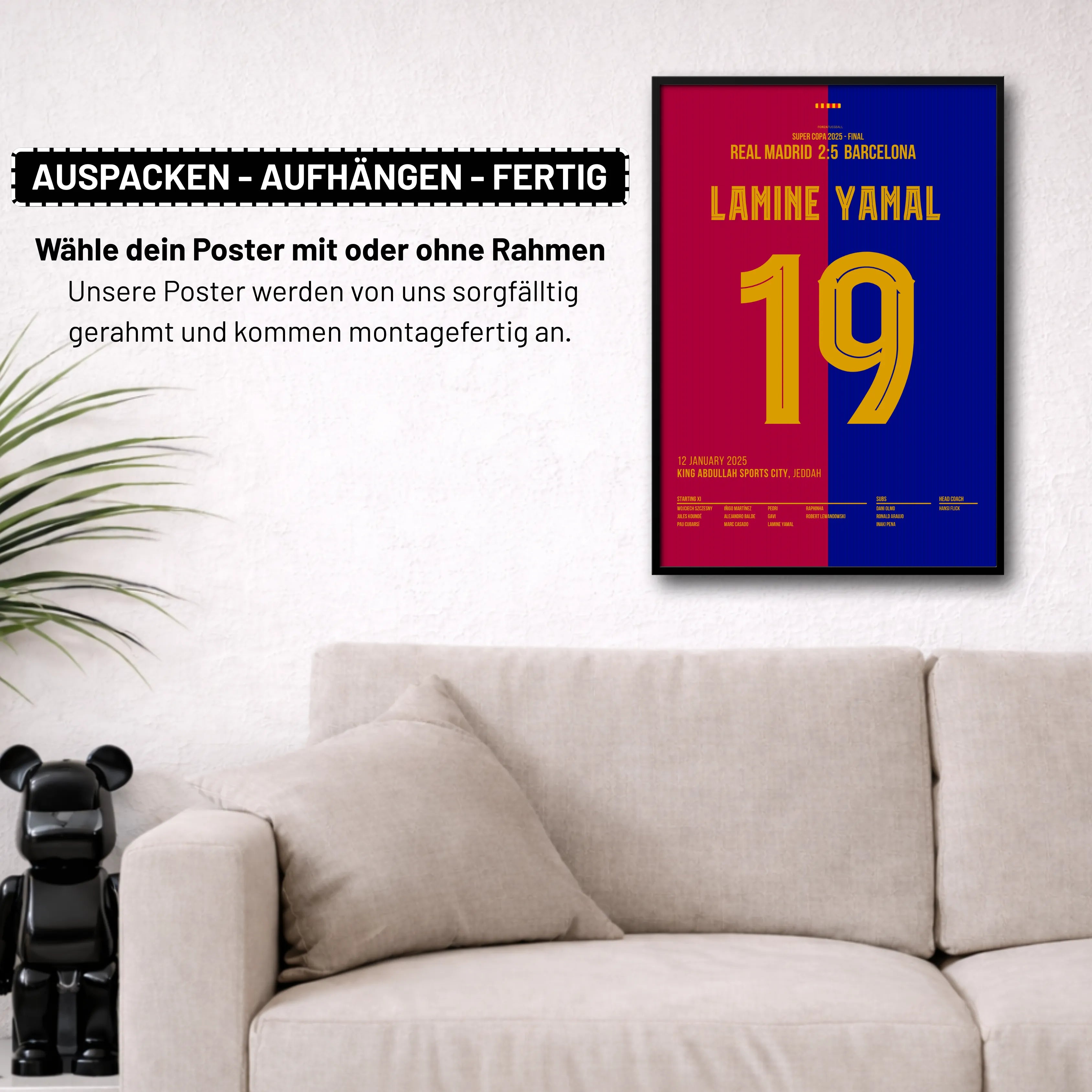 Lamine Yamal mit Solo-Tor im Super Copa Clasico Fußball Poster mit Rahmen