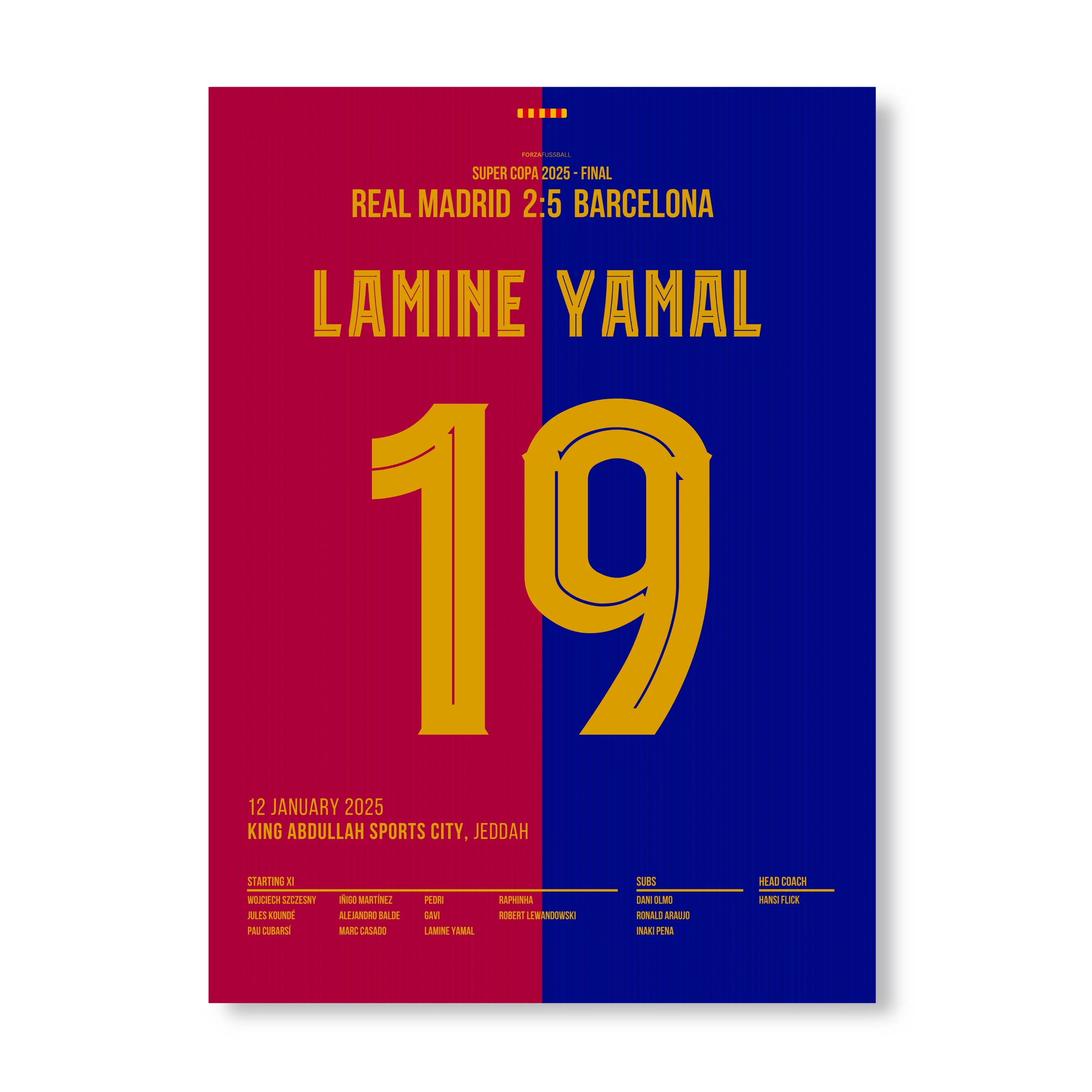 Lamine Yamal mit Solo-Tor im Super Copa Clasico Fußball Poster mit Rahmen