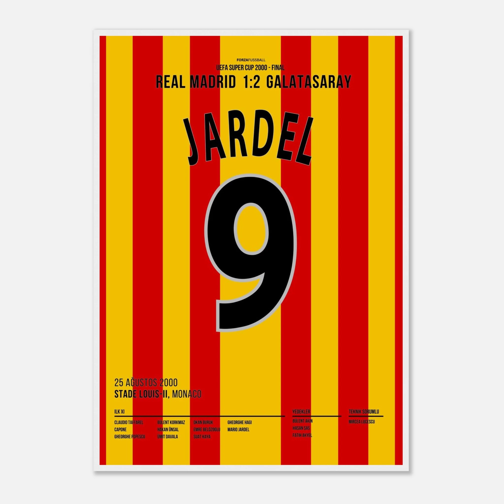 Mario Jardel köpft Gala zum UEFA Super Cup Sieg im Finale gegen Real Madrid Fußball Poster mit Rahmen
