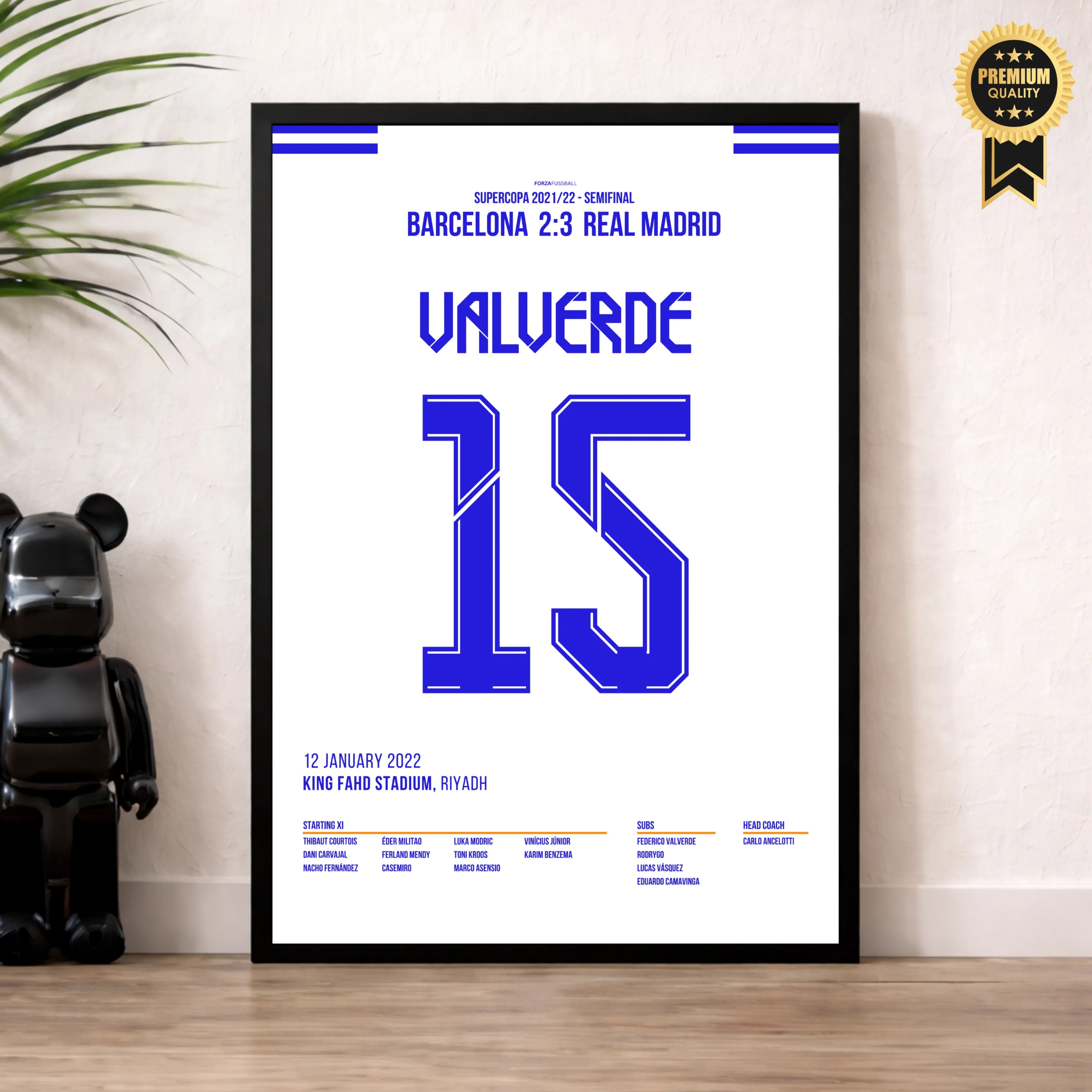 Fede Valverde entscheidet den Super Cup El Clasico 2022 Fußball Poster mit Rahmen