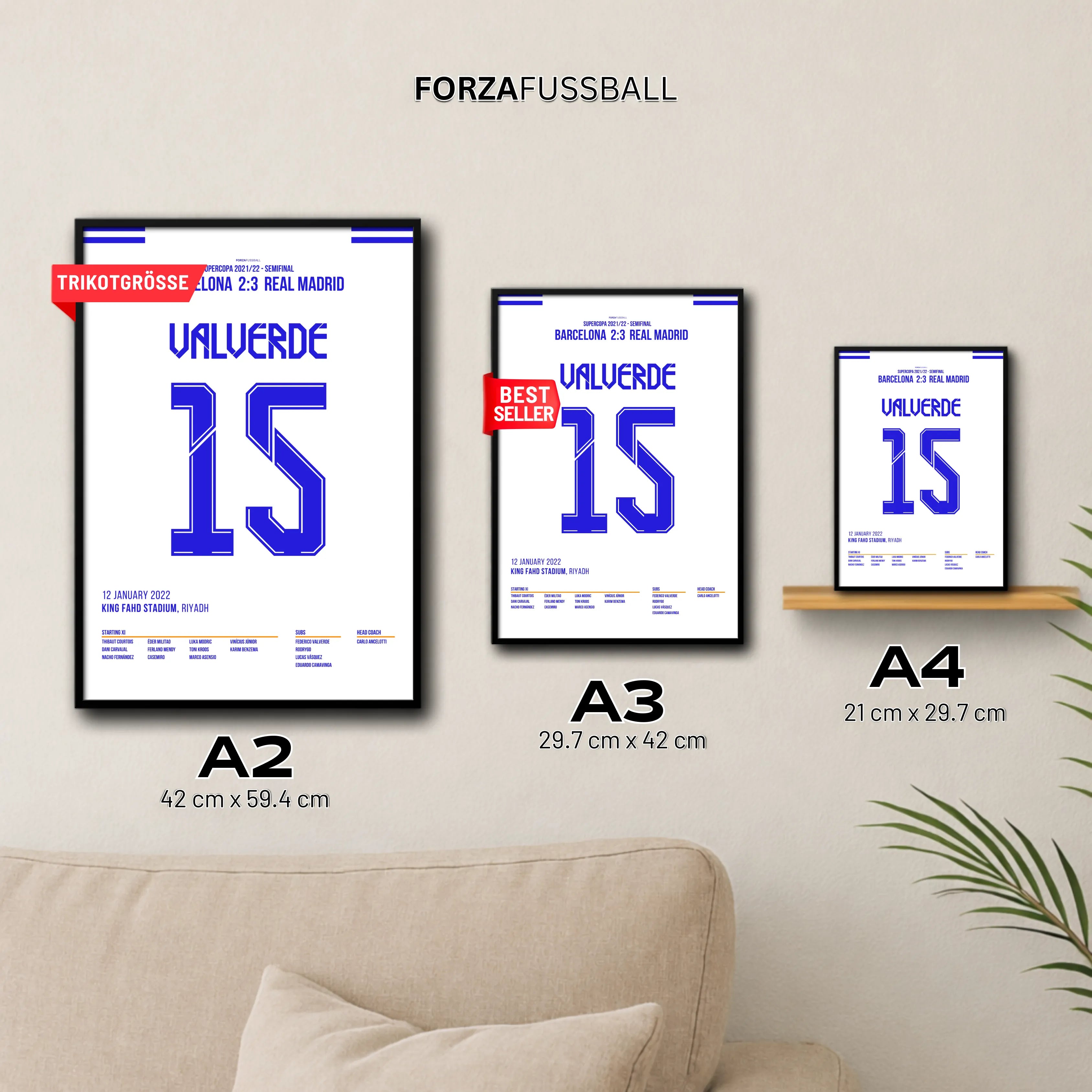 Fede Valverde entscheidet den Super Cup El Clasico 2022 Fußball Poster mit Rahmen