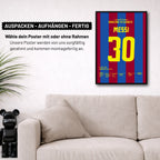 Messi mit seinem ersten Tor für Barca nach Vorarbeit von Ronaldinho Fußball Poster mit Rahmen