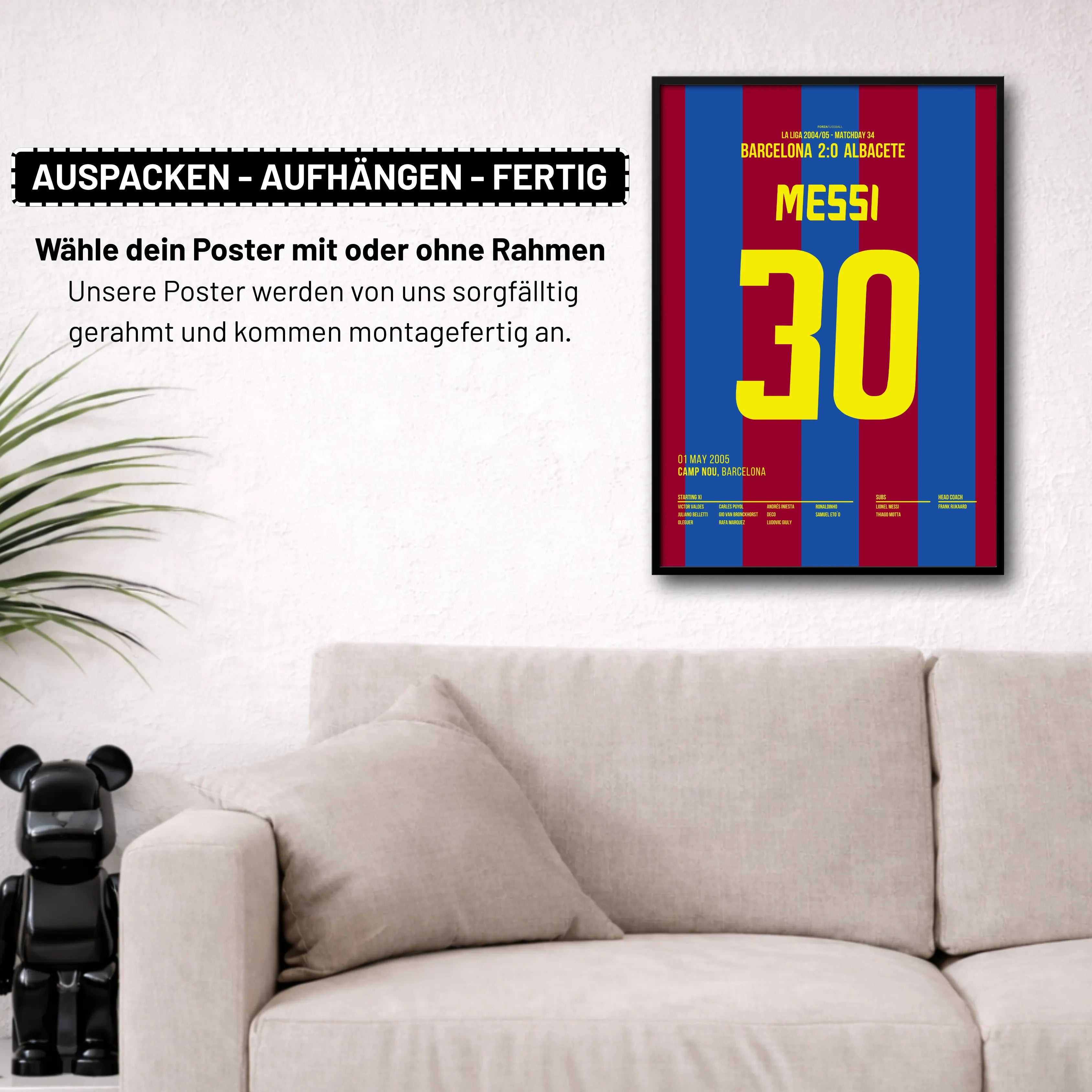 Messi mit seinem ersten Tor für Barca nach Vorarbeit von Ronaldinho Fußball Poster mit Rahmen