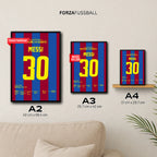 Messi mit seinem ersten Tor für Barca nach Vorarbeit von Ronaldinho Fußball Poster mit Rahmen