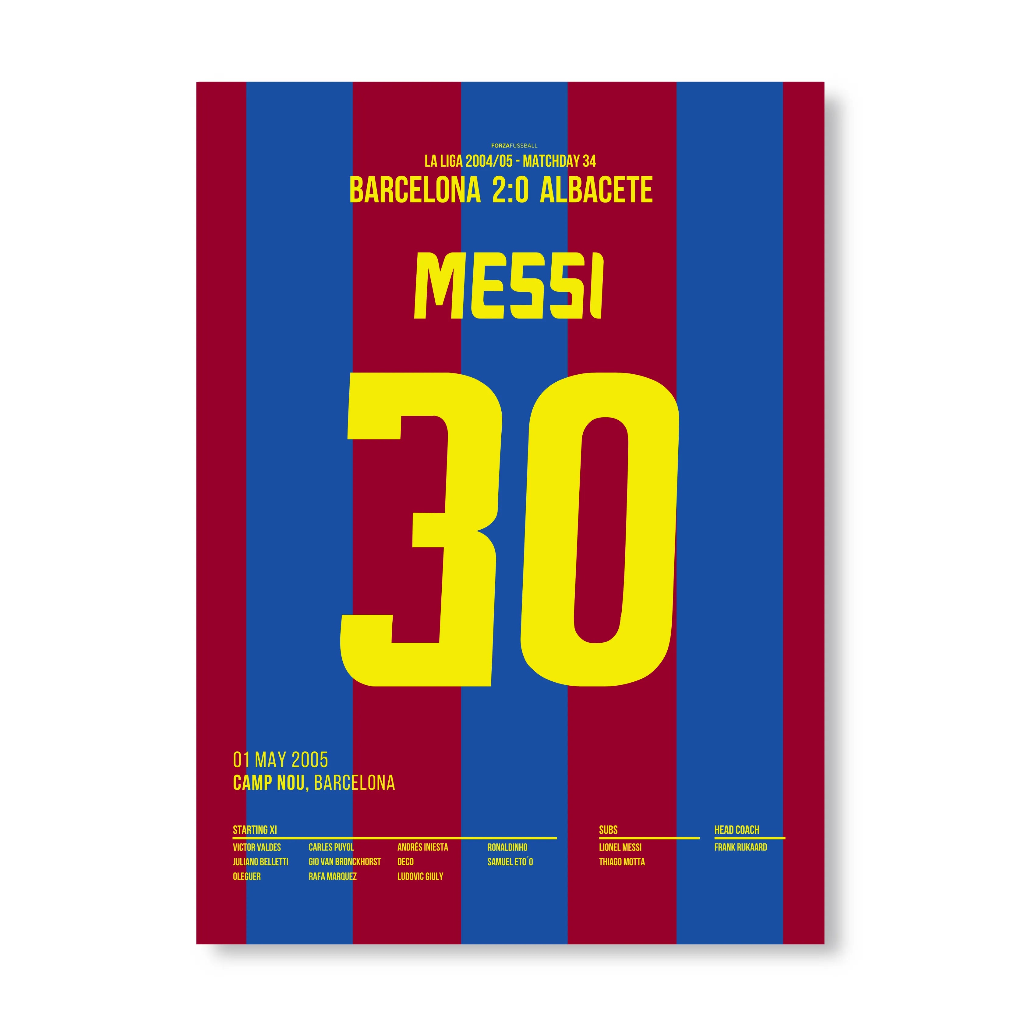 Messi mit seinem ersten Tor für Barca nach Vorarbeit von Ronaldinho Fußball Poster mit Rahmen
