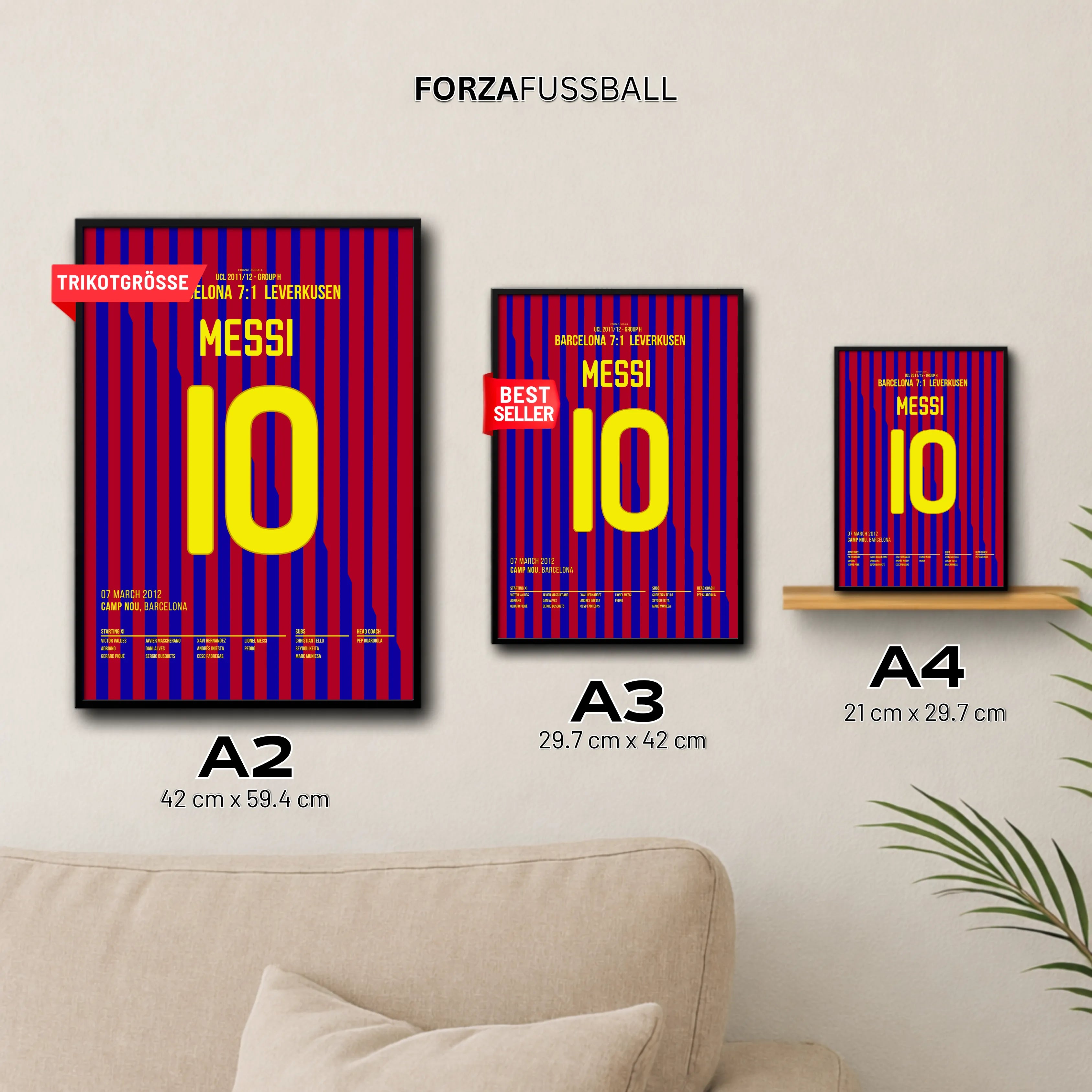 Messi´s 5er Pack beim 7:1 gegen Leverkusen Fußball Poster mit Rahmen