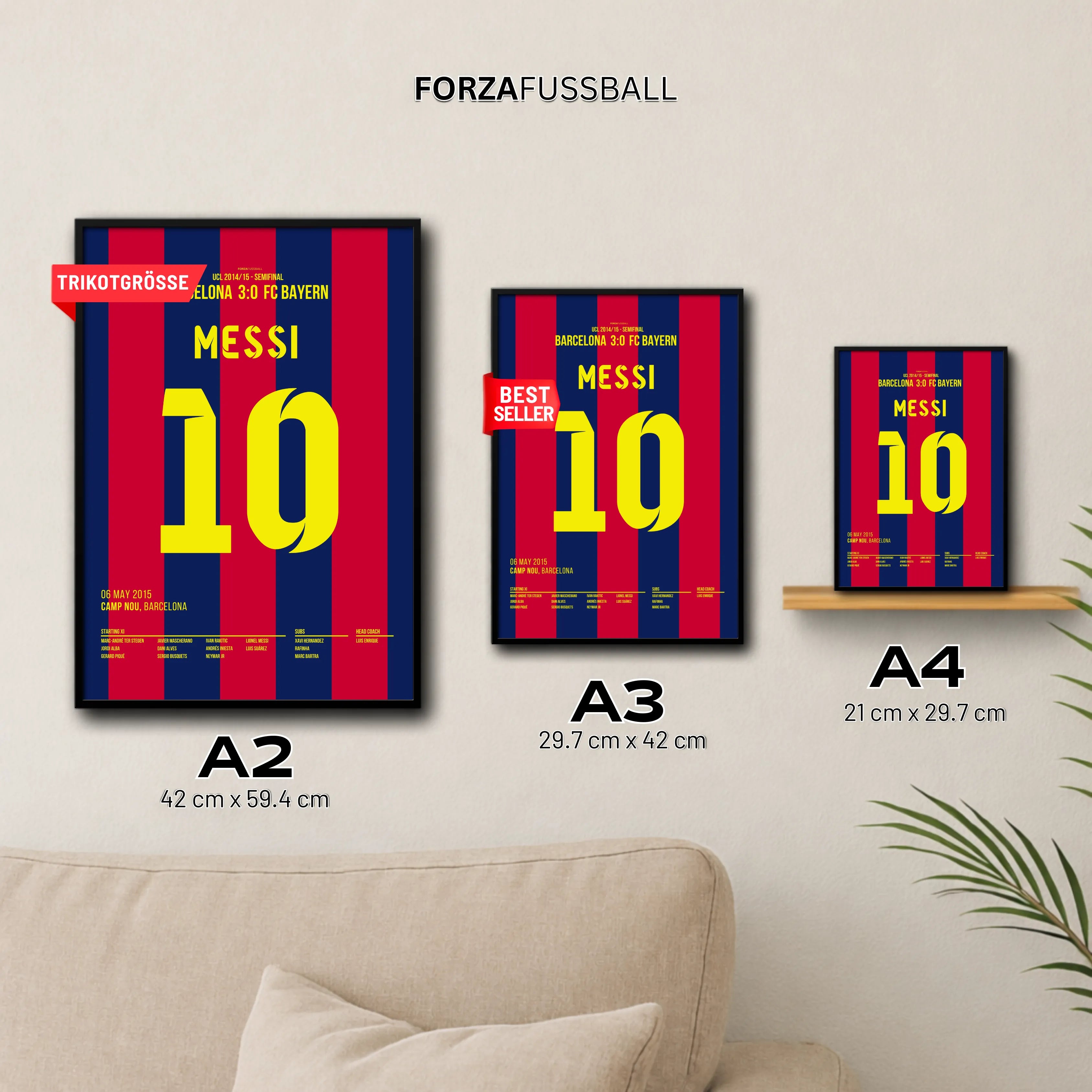 Messi schickt Boateng und Neuer schlafen Fußball Poster mit Rahmen
