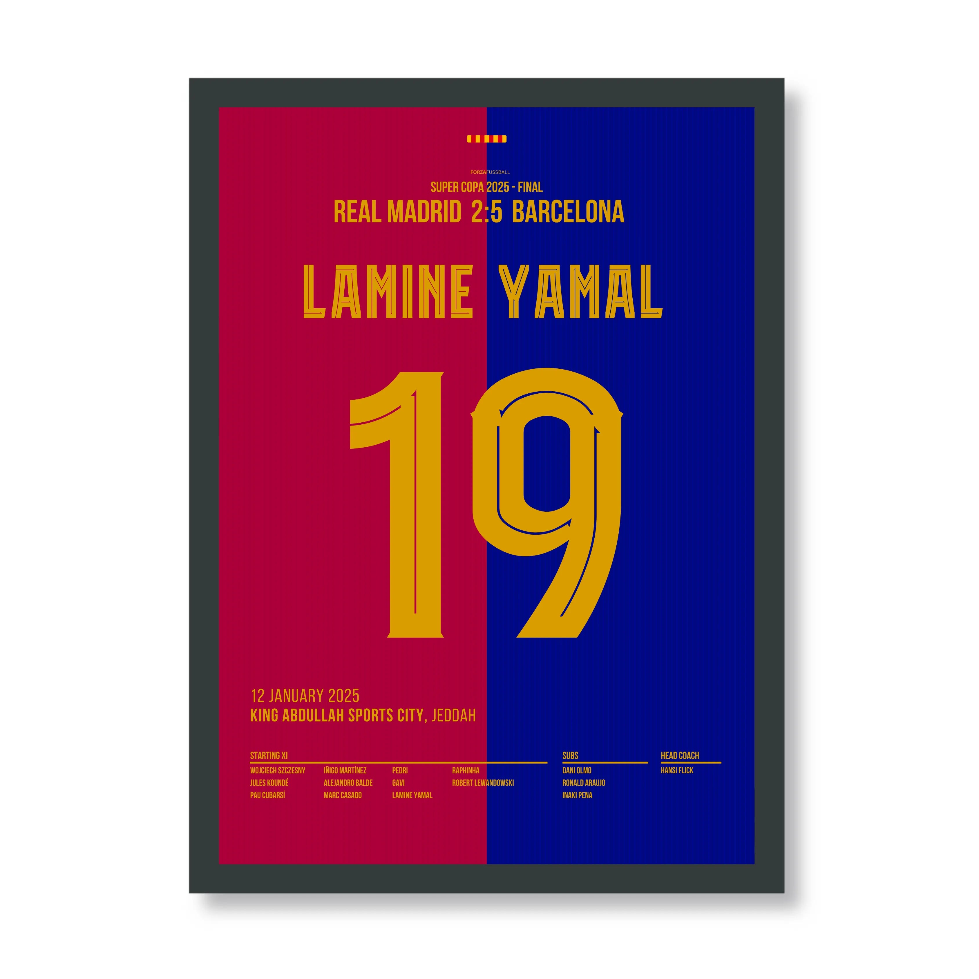 Lamine Yamal mit Solo-Tor im Super Copa Clasico Fußball Poster mit Rahmen