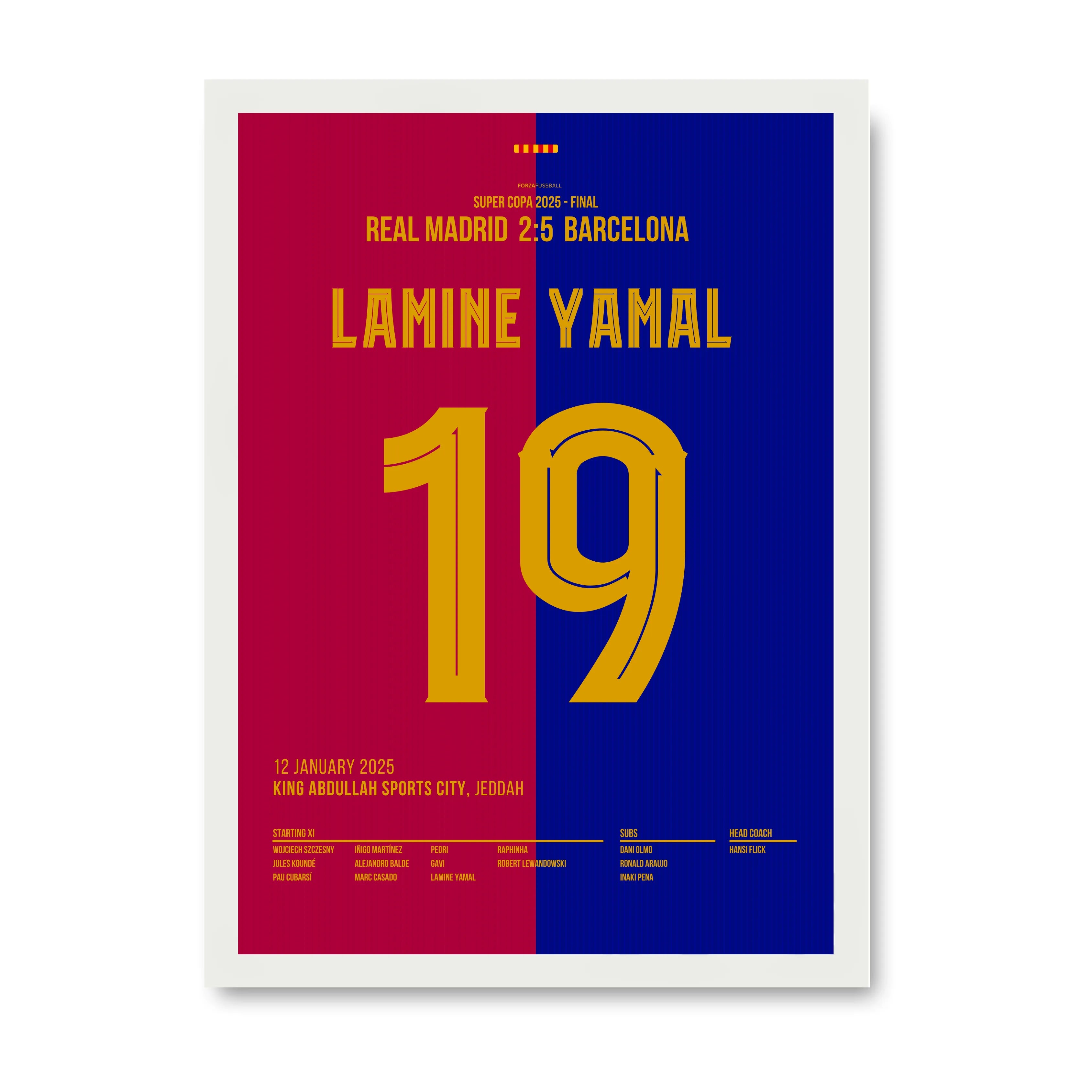 Lamine Yamal mit Solo-Tor im Super Copa Clasico Fußball Poster mit Rahmen