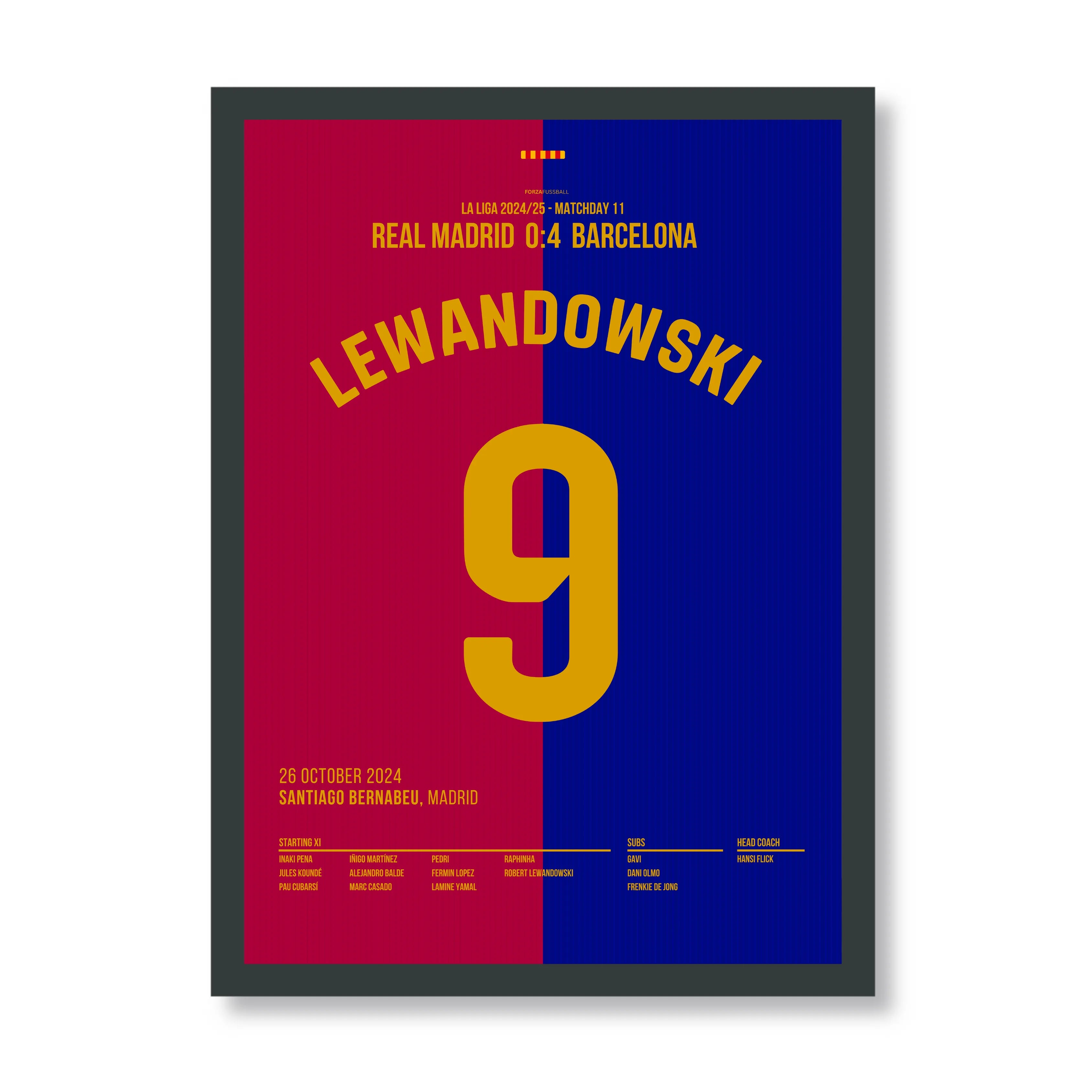 Lewandowski's Doppelschlag verstummt das Bernabeu im El Clasico Fußball Poster mit Rahmen