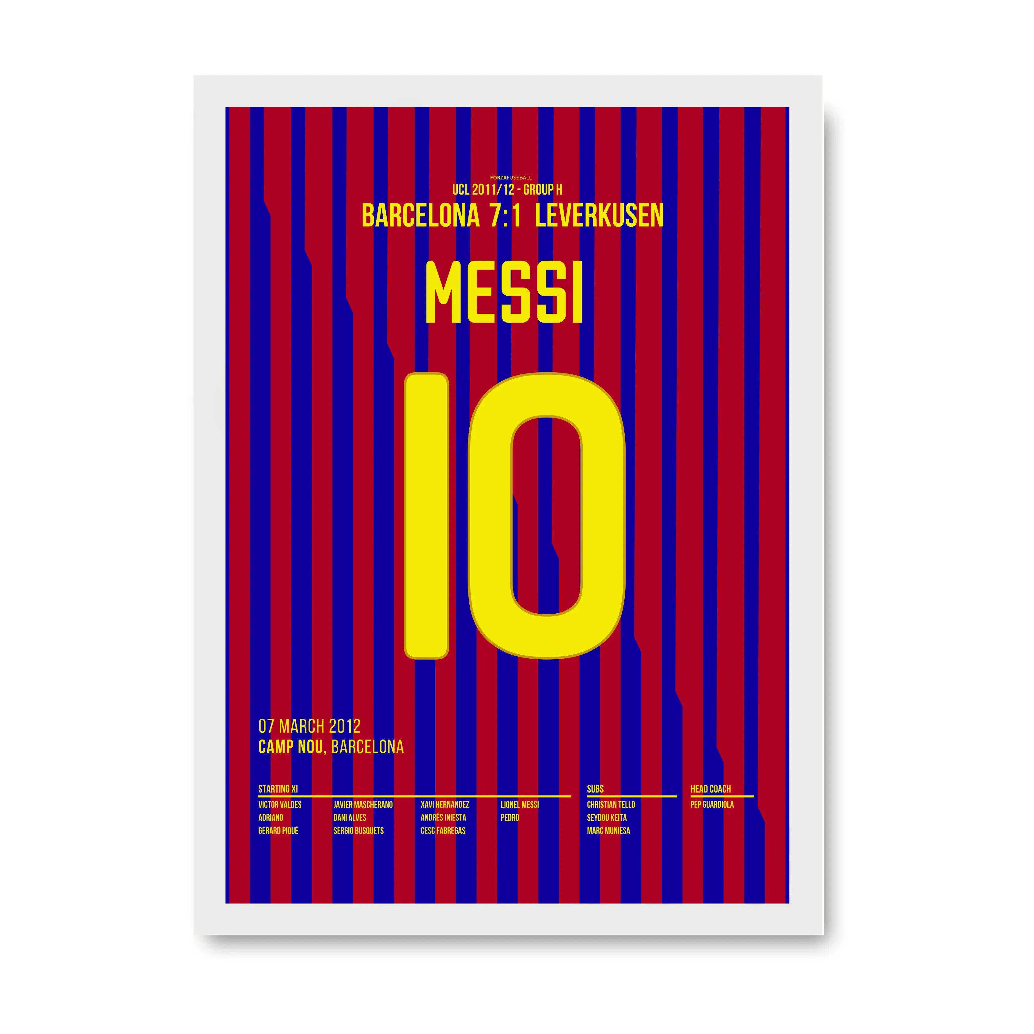 Messi´s 5er Pack beim 7:1 gegen Leverkusen Fußball Poster mit Rahmen