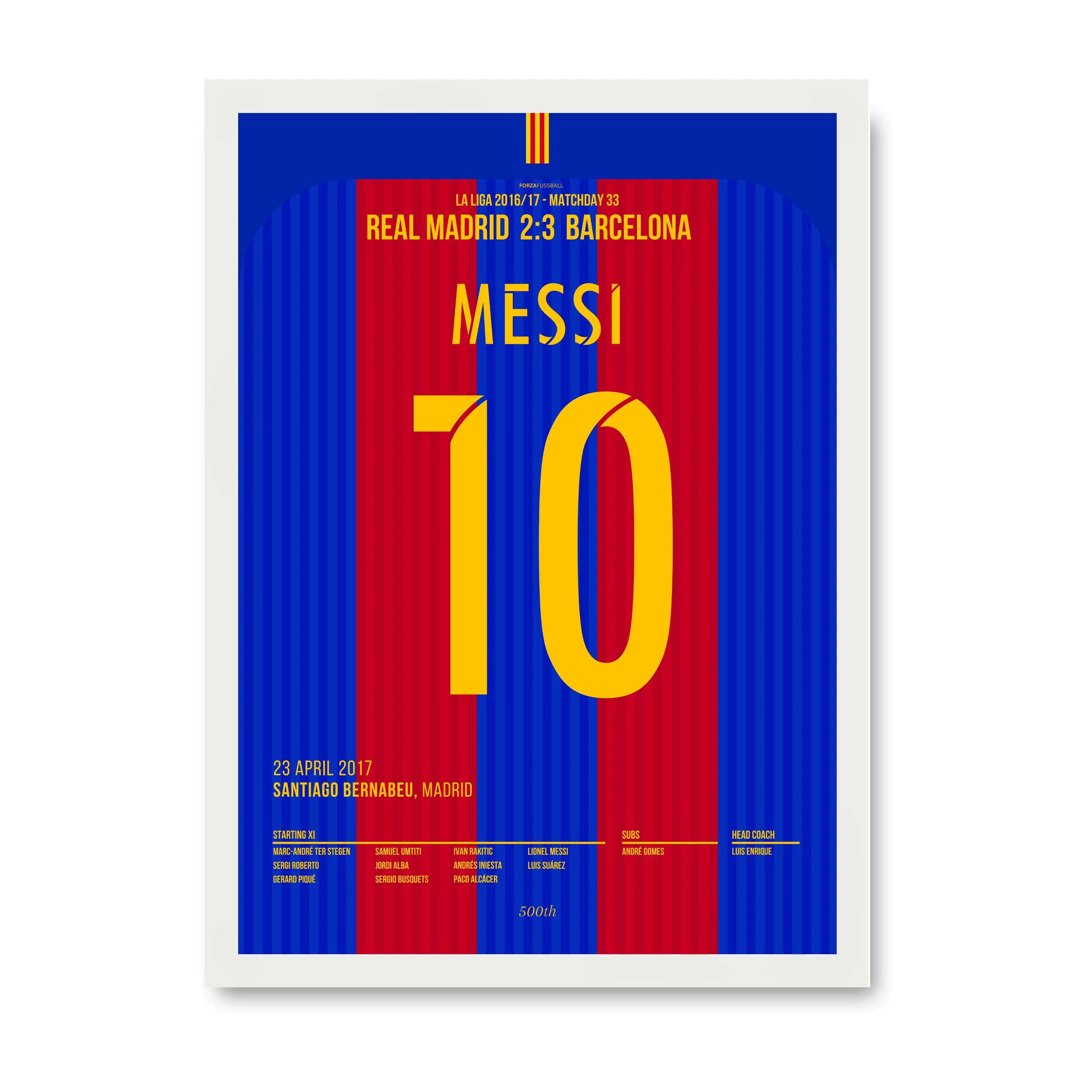 Messi´s 500. Ligator wird zum last Minute Siegtreffer im Bernabeu Fußball Poster mit Rahmen