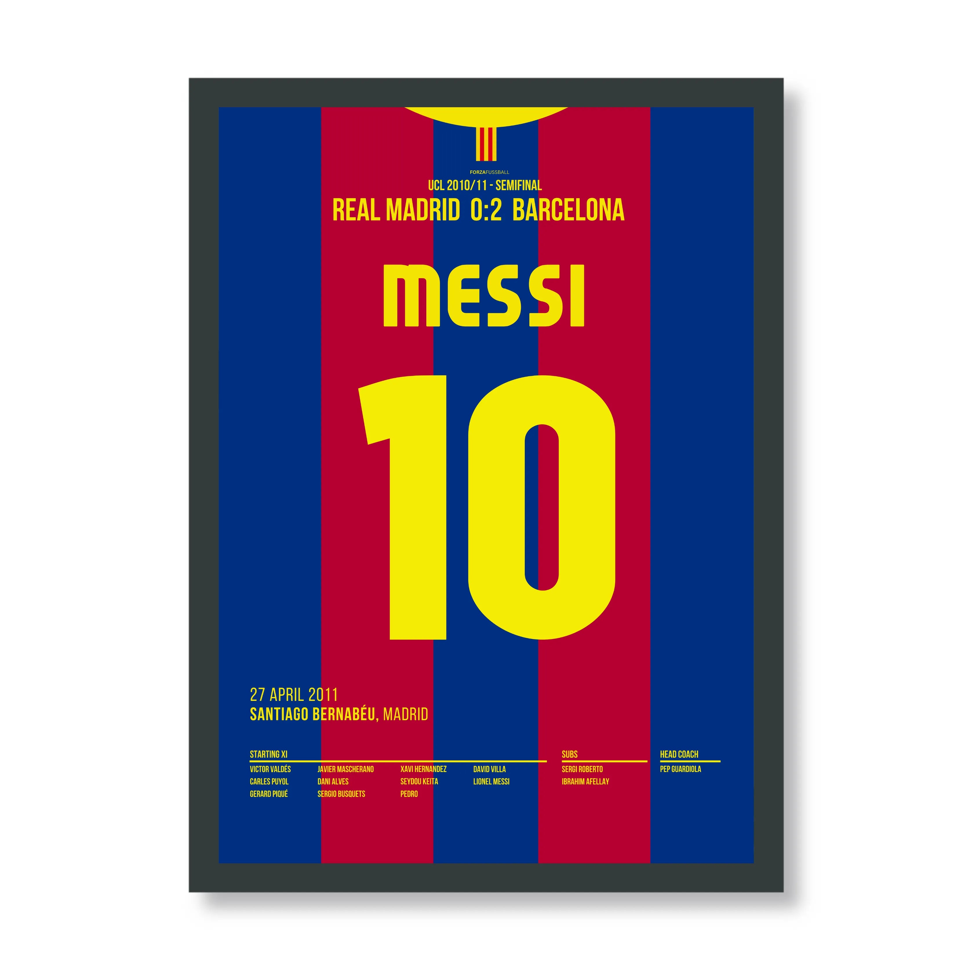 Messi's Solo Tor nach Vorlage von Busquets im UCL Clasico Fußball Poster mit Rahmen