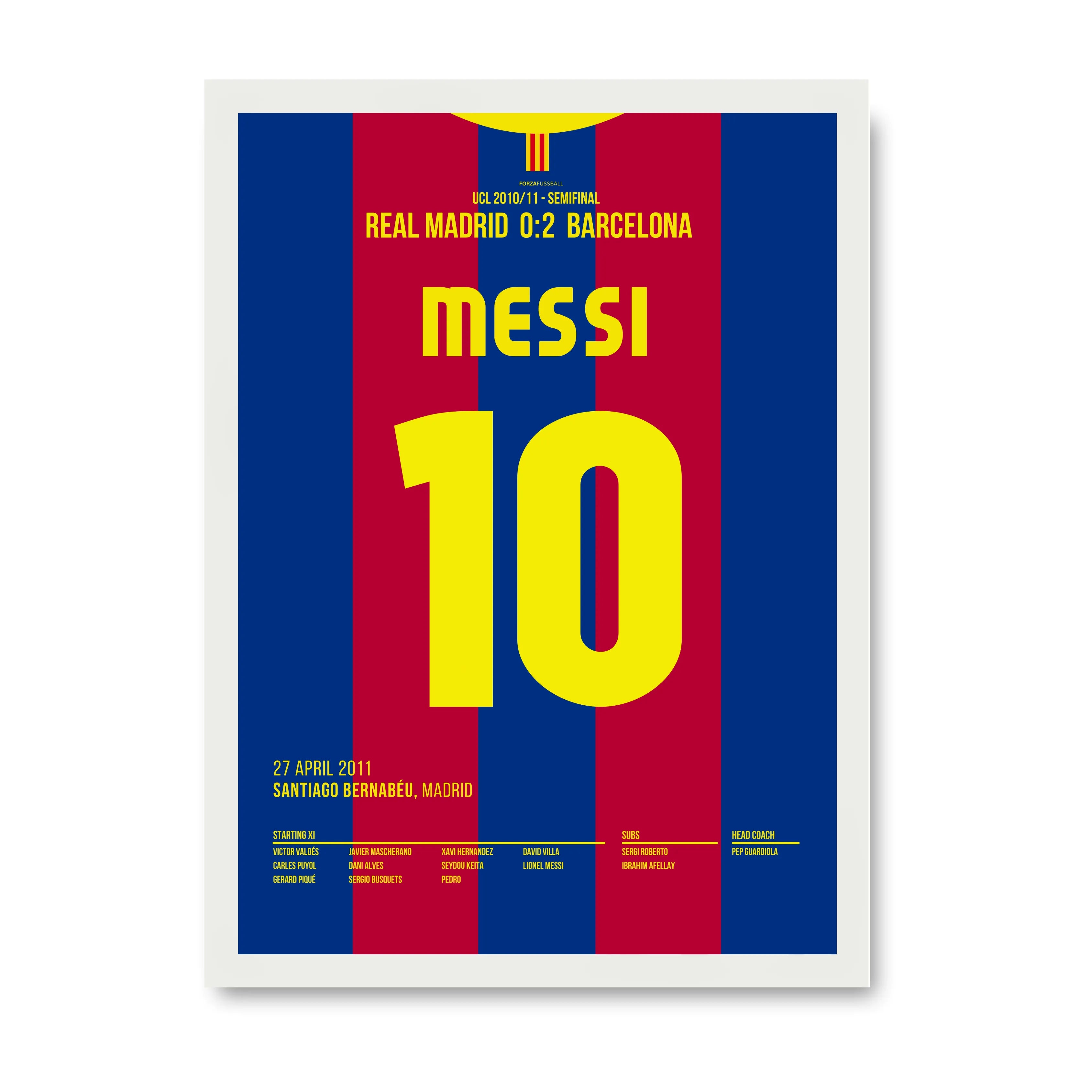 Messi's Solo Tor nach Vorlage von Busquets im UCL Clasico Fußball Poster mit Rahmen