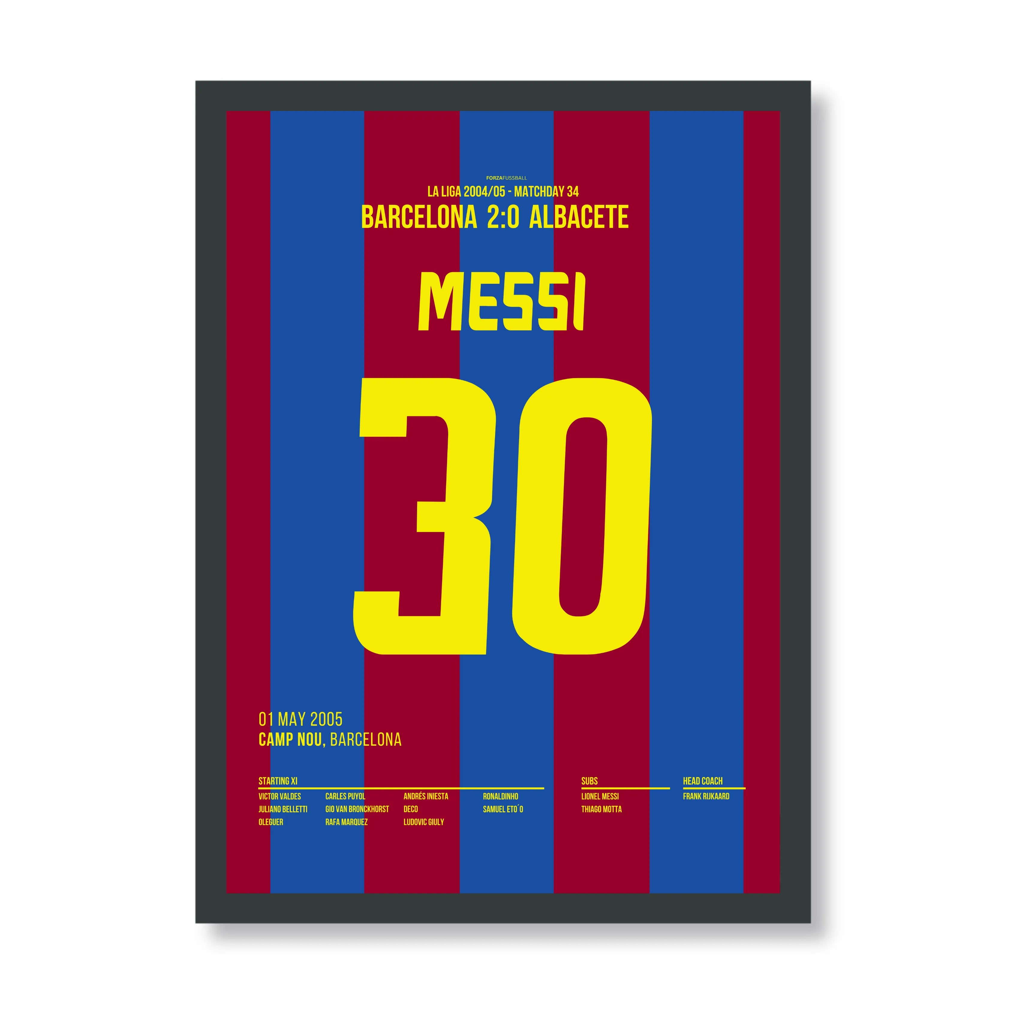 Messi mit seinem ersten Tor für Barca nach Vorarbeit von Ronaldinho Fußball Poster mit Rahmen