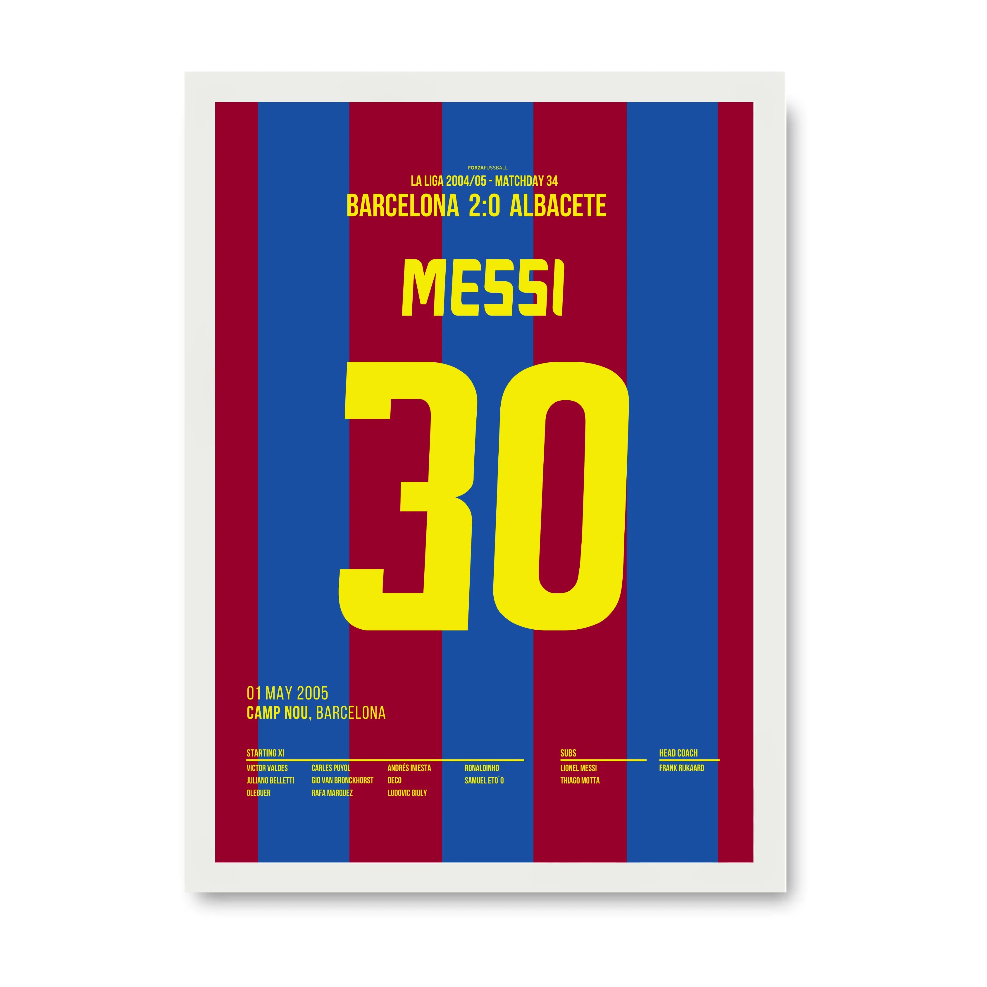 Messi mit seinem ersten Tor für Barca nach Vorarbeit von Ronaldinho Fußball Poster mit Rahmen