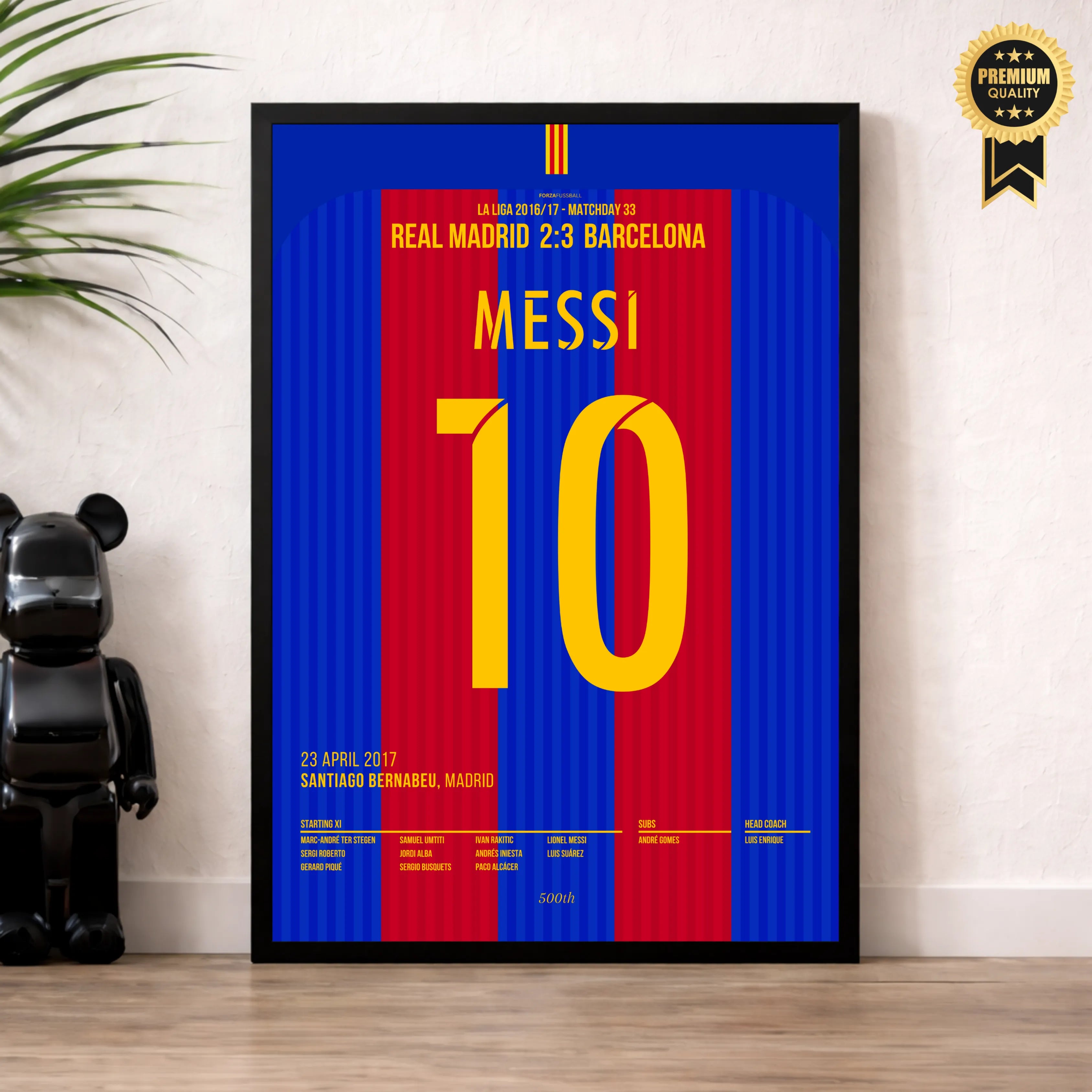 Messi´s 500. Ligator wird zum last Minute Siegtreffer im Bernabeu Fußball Poster mit Rahmen