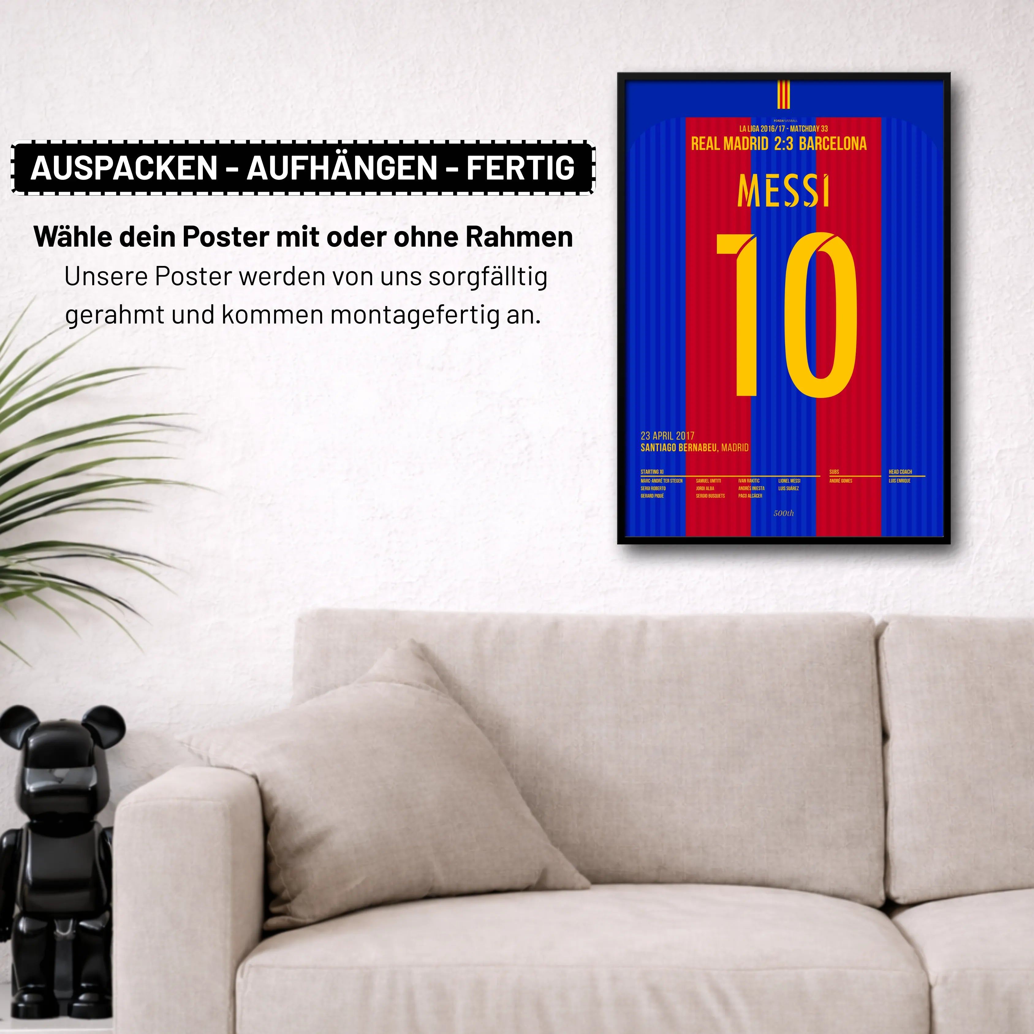 Messi´s 500. Ligator wird zum last Minute Siegtreffer im Bernabeu Fußball Poster mit Rahmen