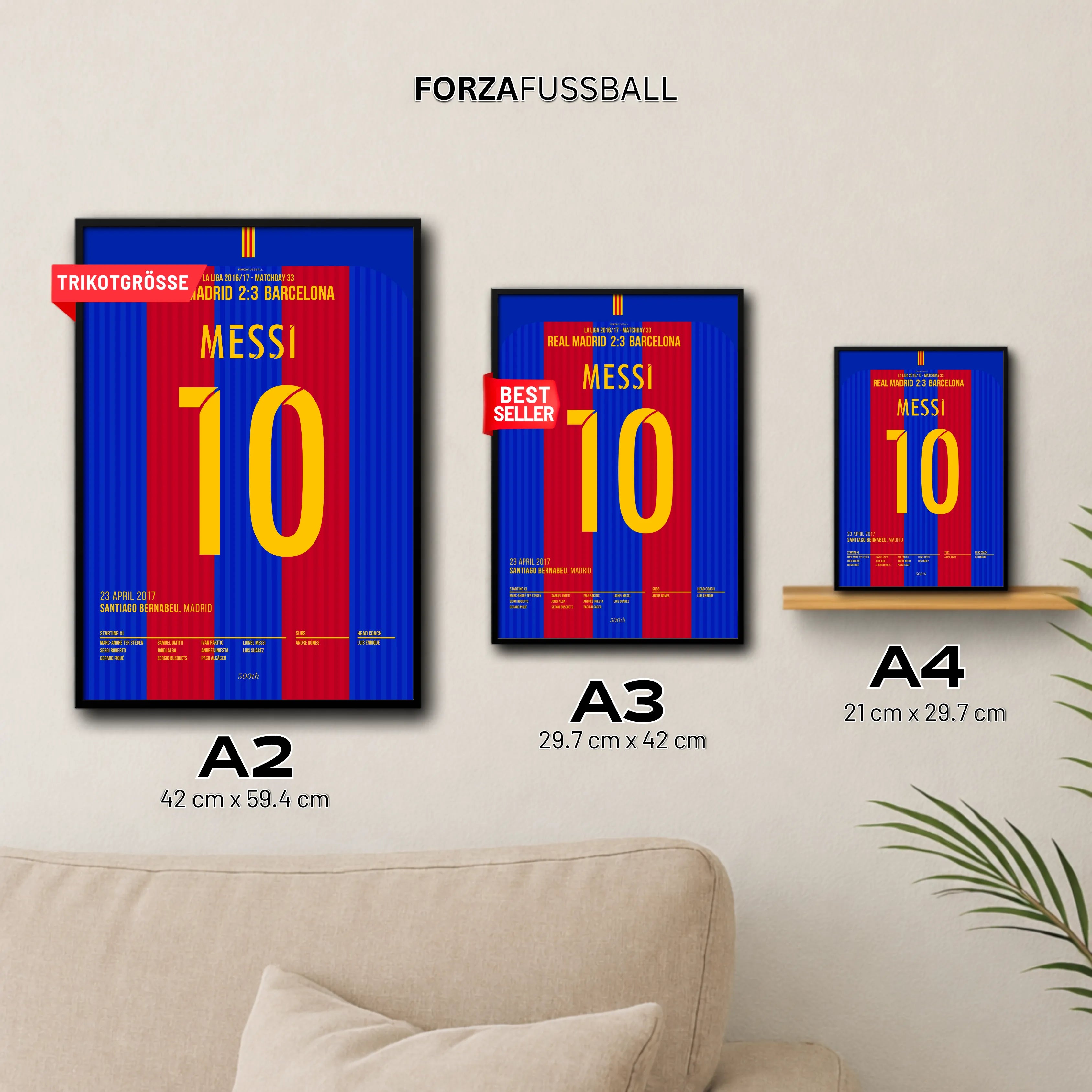 Messi´s 500. Ligator wird zum last Minute Siegtreffer im Bernabeu Fußball Poster mit Rahmen