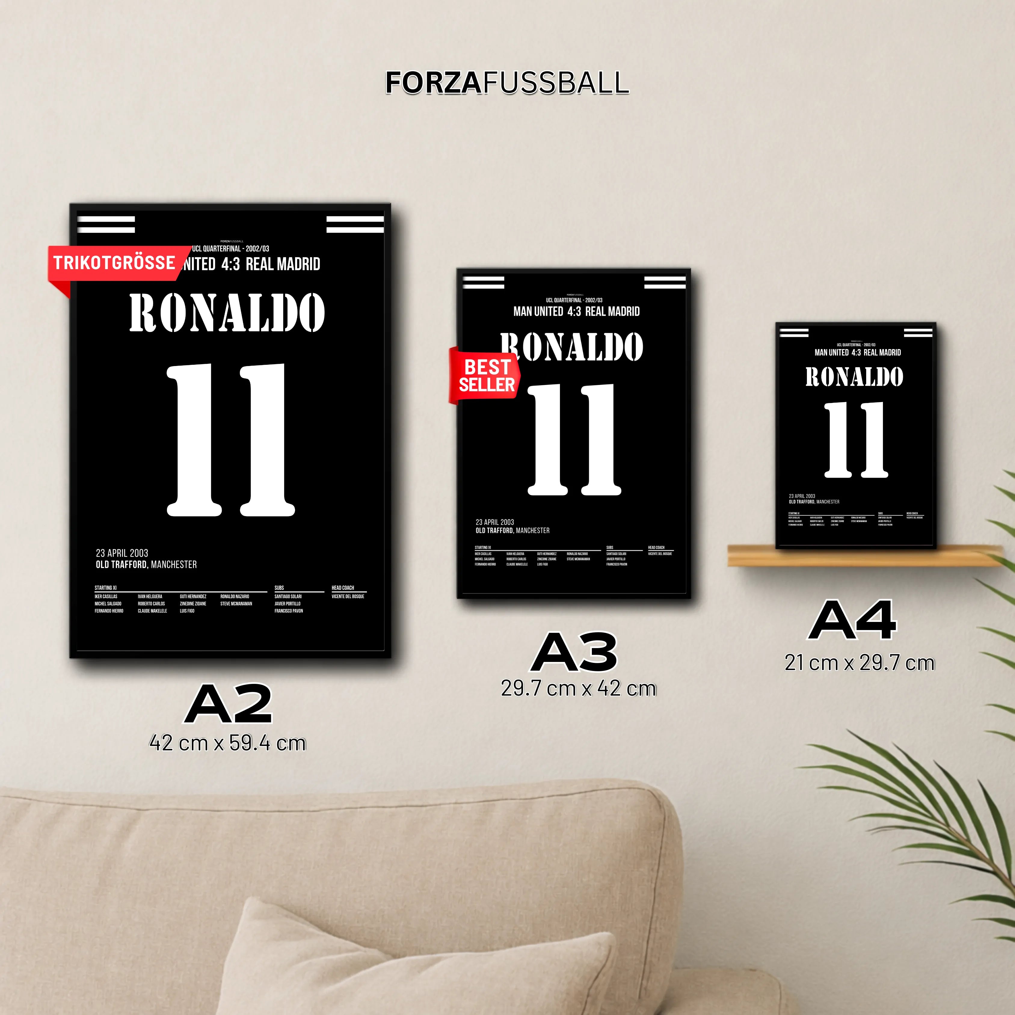 Ronaldo Nazario mit Standing Ovation Hattrick im Old Trafford Fußball Poster mit Rahmen