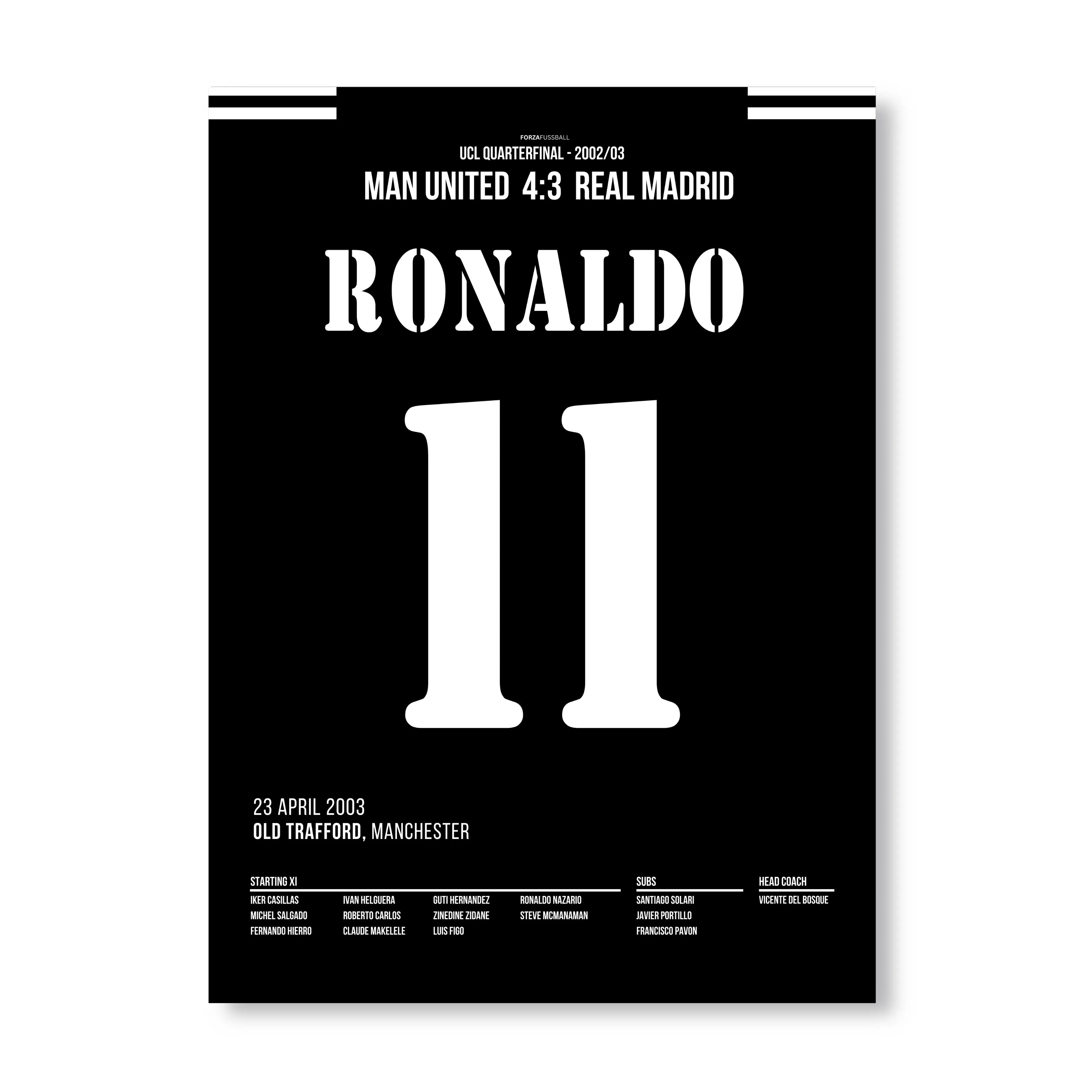 Ronaldo Nazario mit Standing Ovation Hattrick im Old Trafford Fußball Poster mit Rahmen
