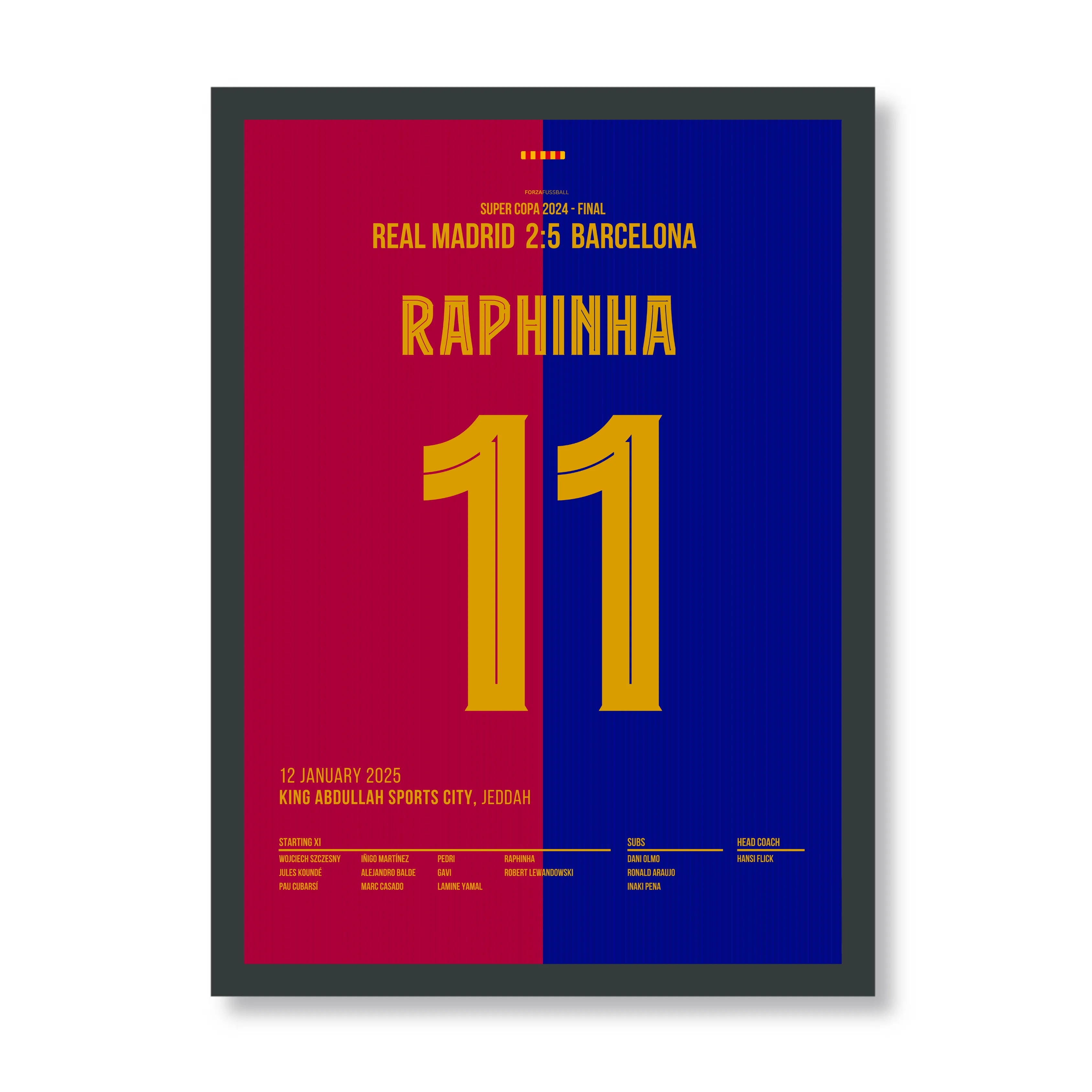 Raphinia führt Barca zum 5:2 Super Copa Sieg im Clasico Fußball Poster mit Rahmen