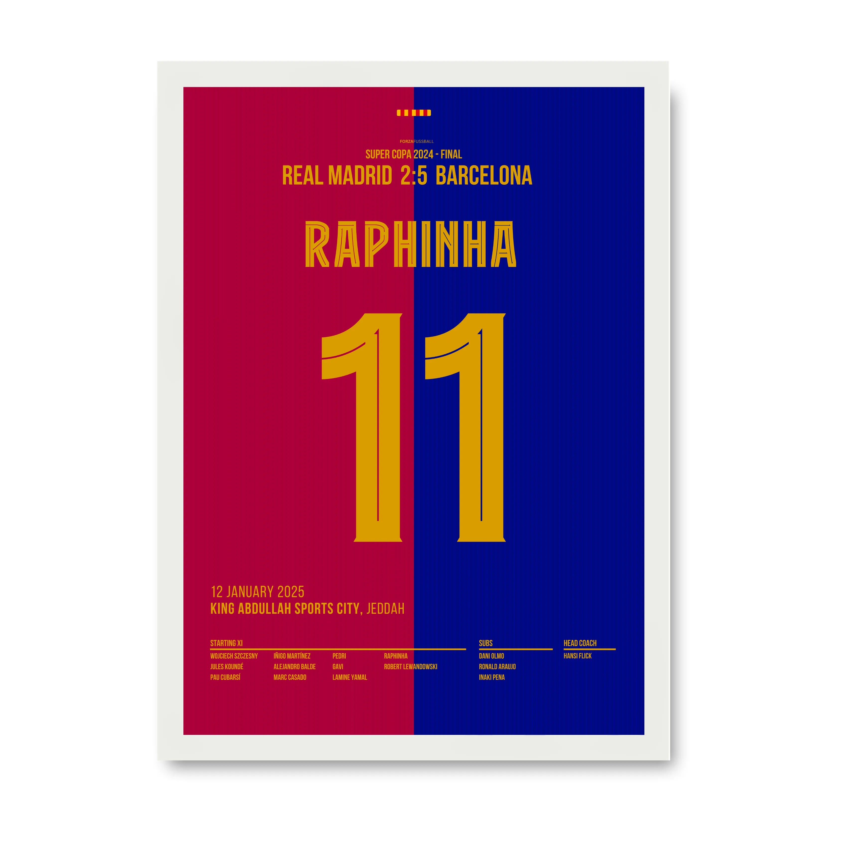 Raphinia führt Barca zum 5:2 Super Copa Sieg im Clasico Fußball Poster mit Rahmen