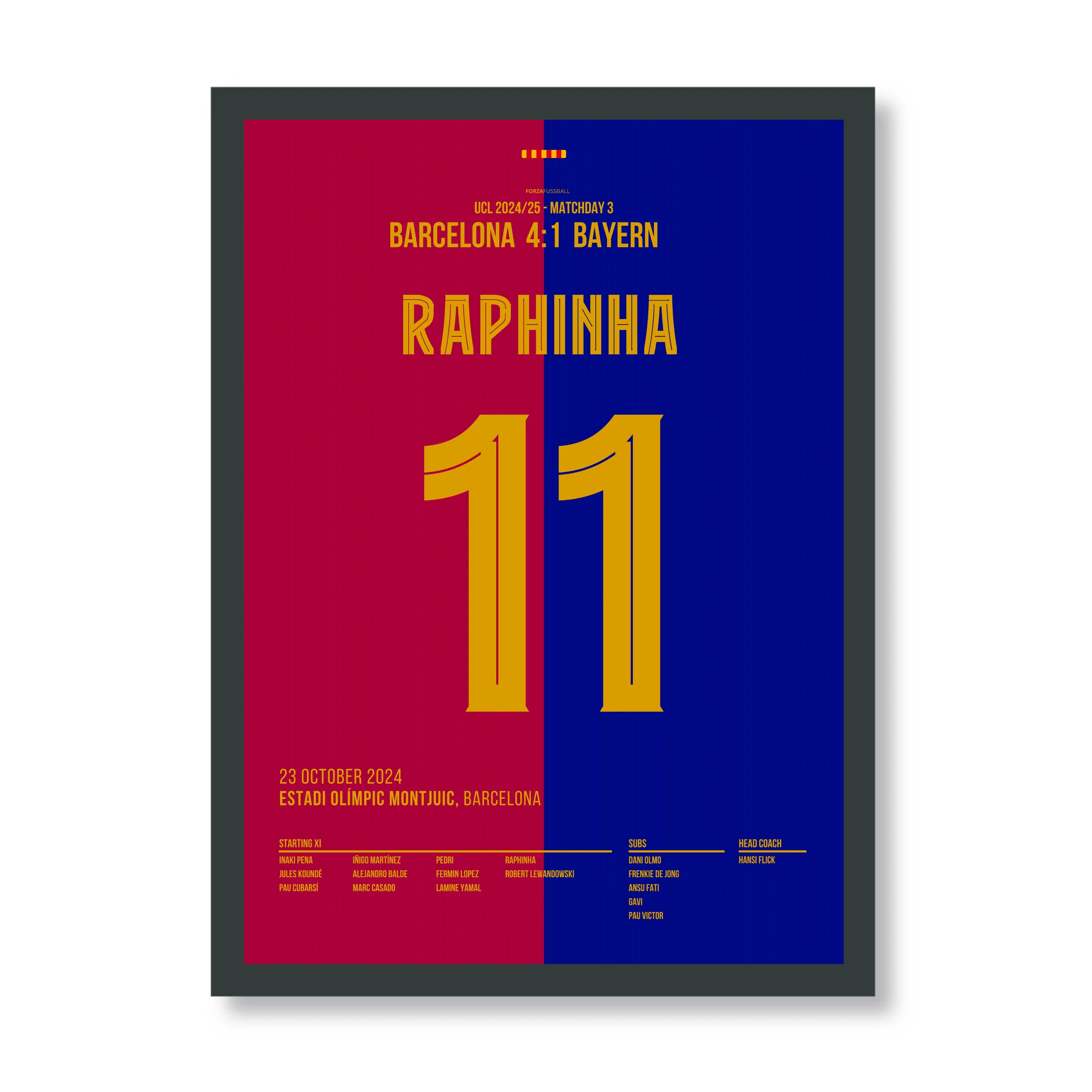 Raphinha schnürt einen Hattrick gegen Bayern Fußball Poster mit Rahmen
