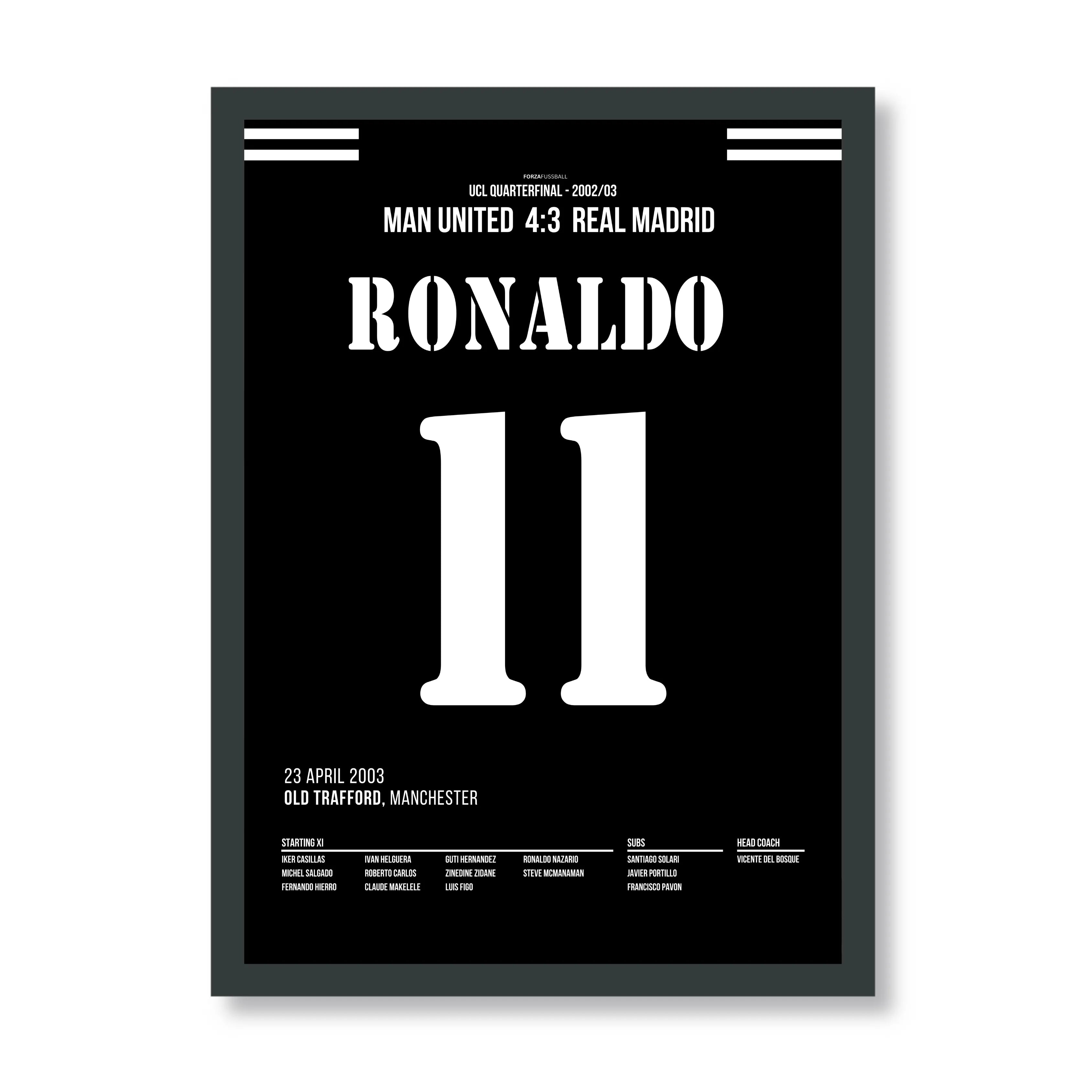 Ronaldo Nazario mit Standing Ovation Hattrick im Old Trafford Fußball Poster mit Rahmen