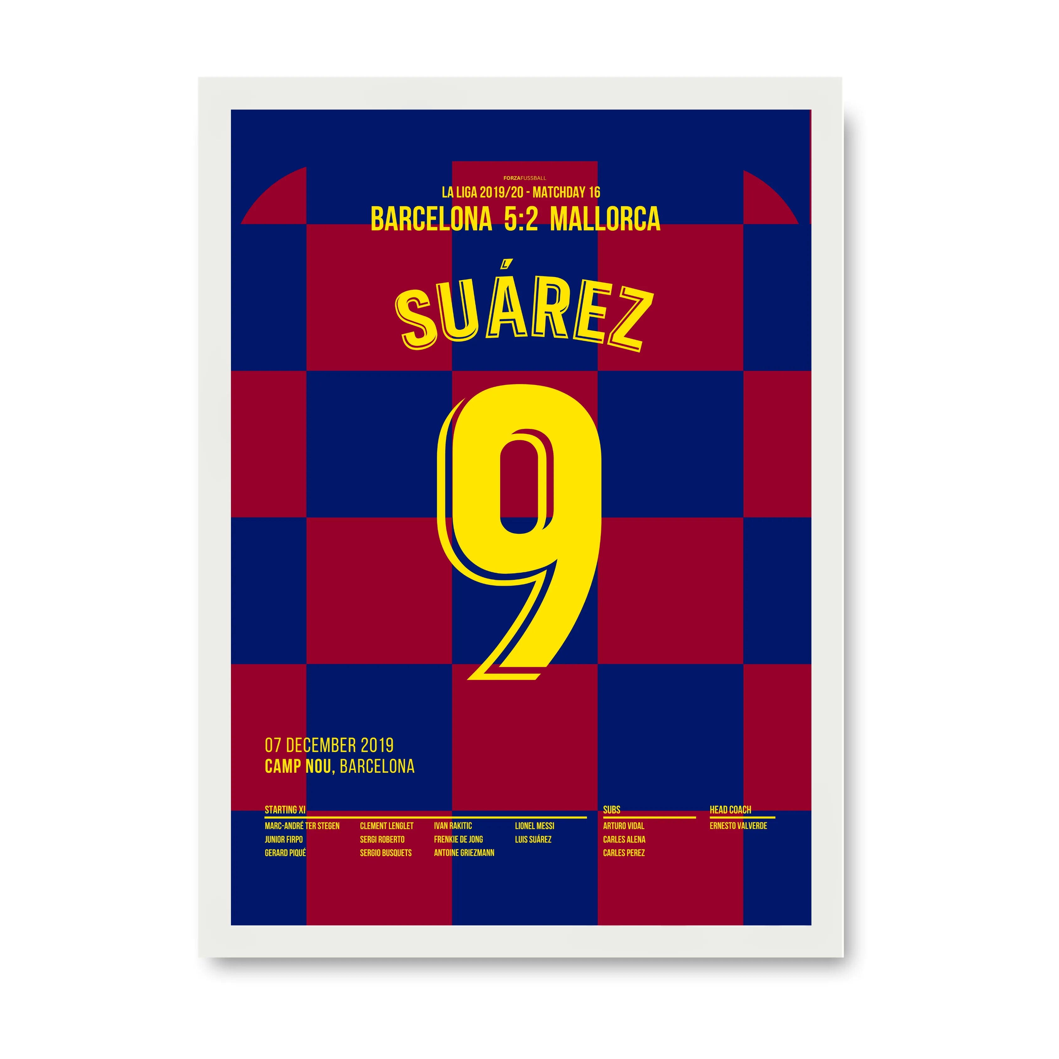 Luis Suárez trifft mit legendärem Hackenlupfer Fußball Poster mit Rahmen