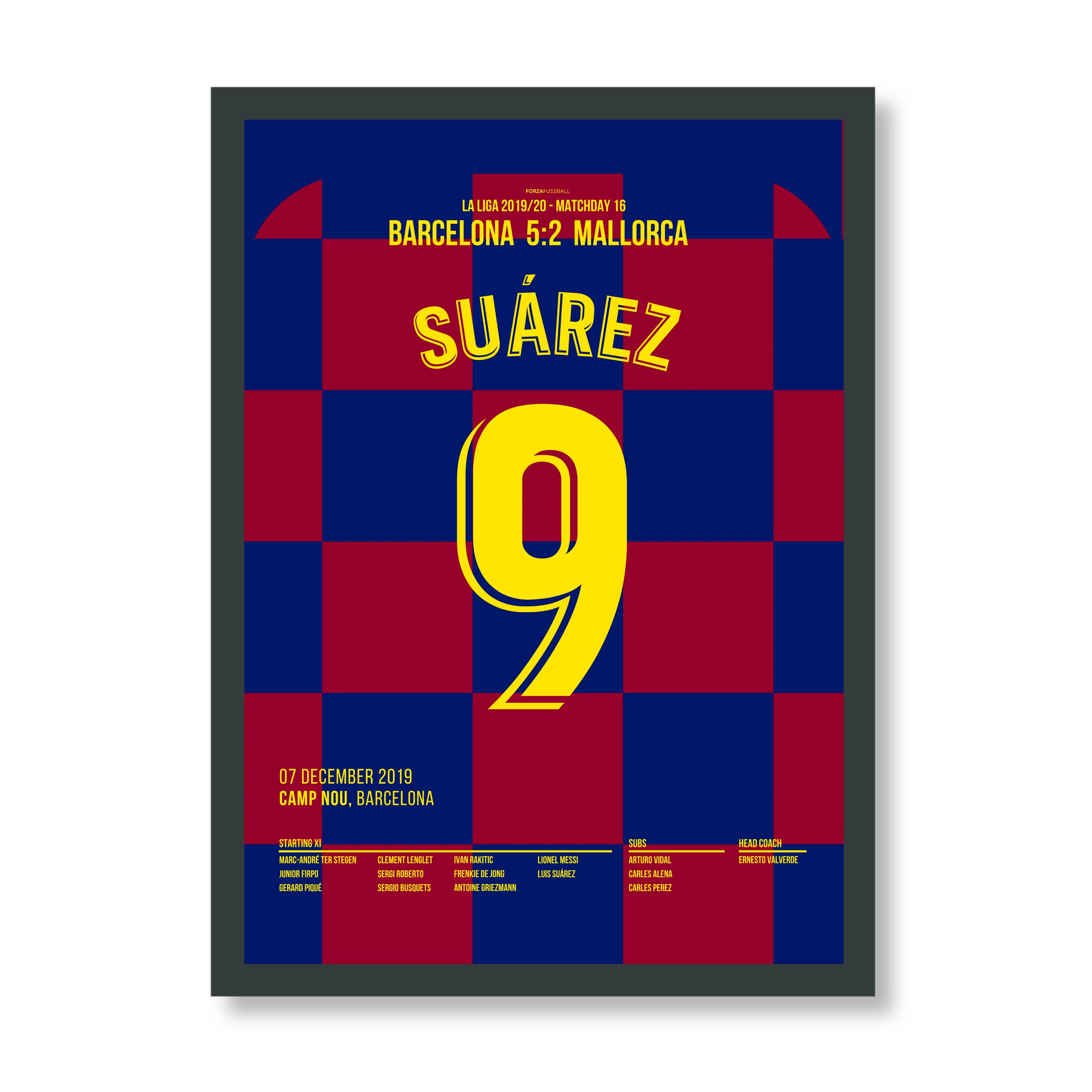 Luis Suárez trifft mit legendärem Hackenlupfer Fußball Poster mit Rahmen