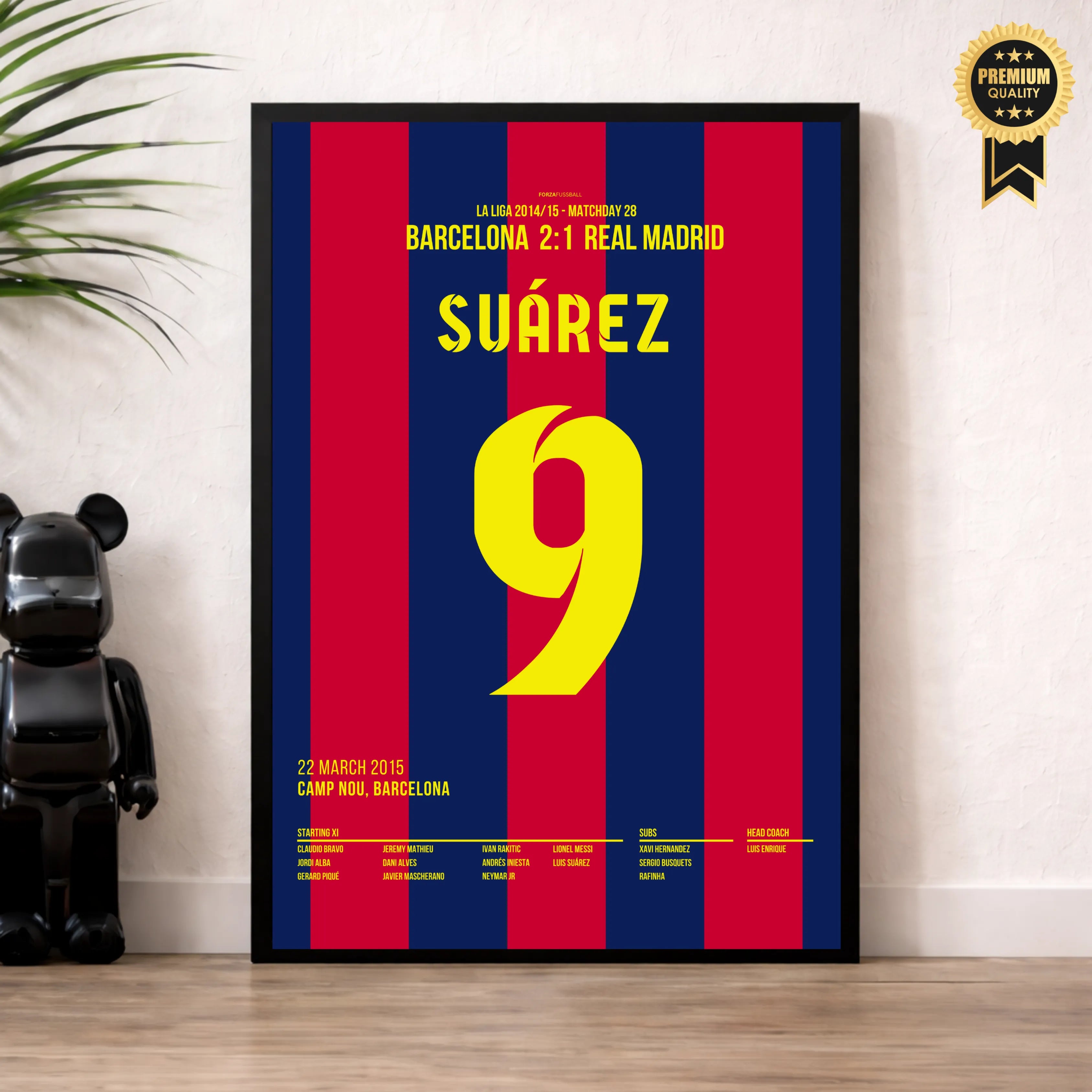 Luis Suarez entscheidet den Clasico und führt Barca zur Meisterschaft 2015 Fußball Poster mit Rahmen