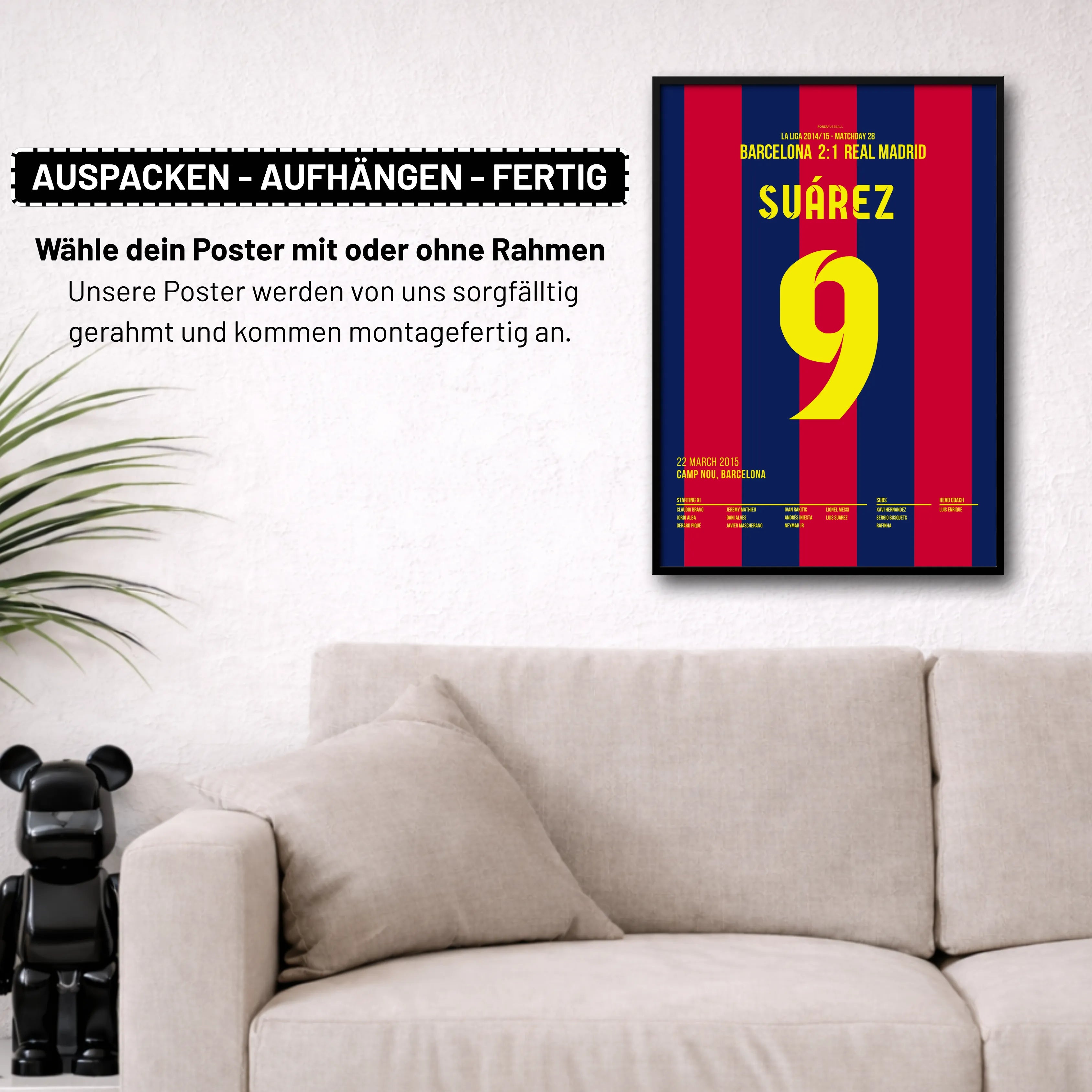 Luis Suarez entscheidet den Clasico und führt Barca zur Meisterschaft 2015 Fußball Poster mit Rahmen